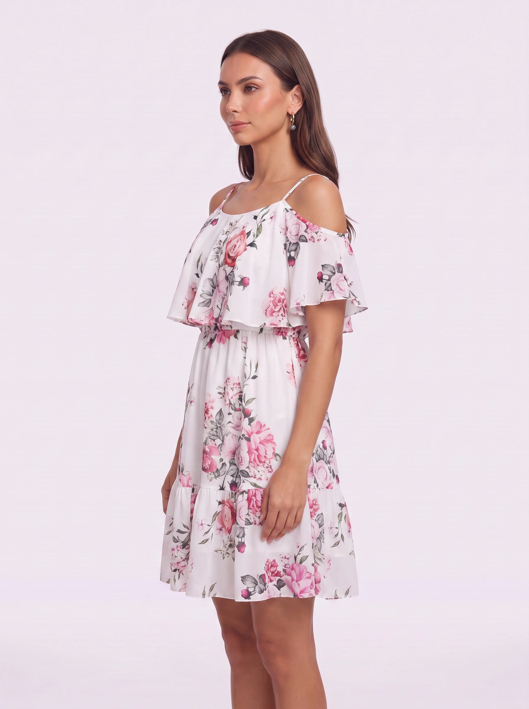 Rosara Cold Shoulder Ruffle Mini Dress – Floral Summer Women Sundress Cocktail Party Vacation Mini Dress