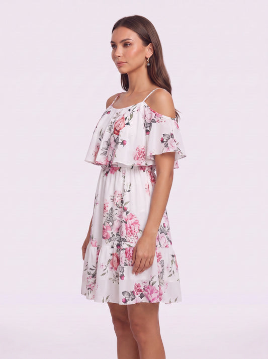 Rosara Cold Shoulder Ruffle Mini Dress – Floral Summer Women Sundress Cocktail Party Vacation Mini Dress