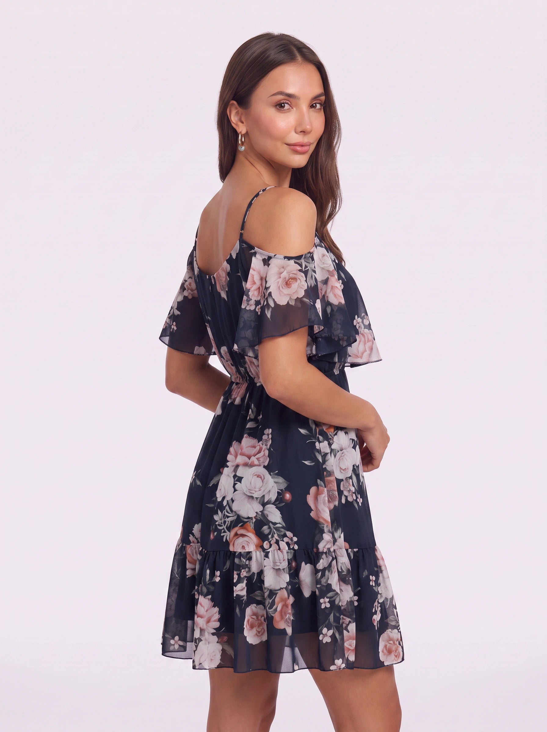 Rosara Cold Shoulder Ruffle Mini Dress – Floral Summer Women Sundress Cocktail Party Vacation Mini Dress