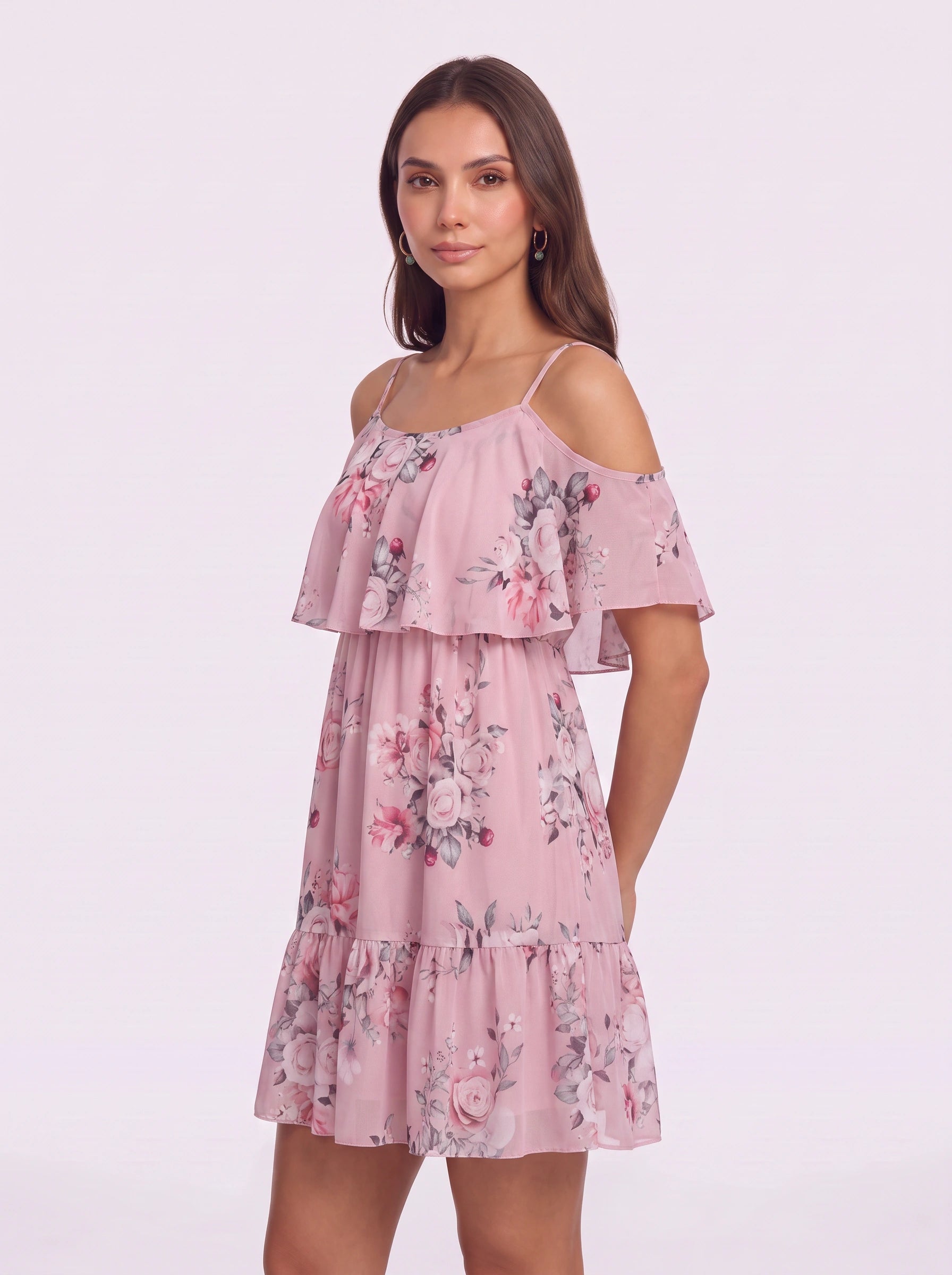 Rosara Cold Shoulder Ruffle Mini Dress – Floral Summer Women Sundress Cocktail Party Vacation Mini Dress