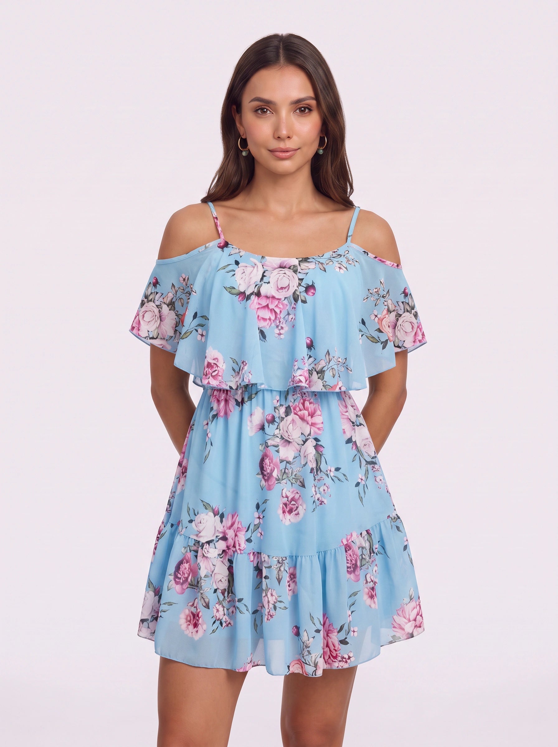 Rosara Cold Shoulder Ruffle Mini Dress – Floral Summer Women Sundress Cocktail Party Vacation Mini Dress