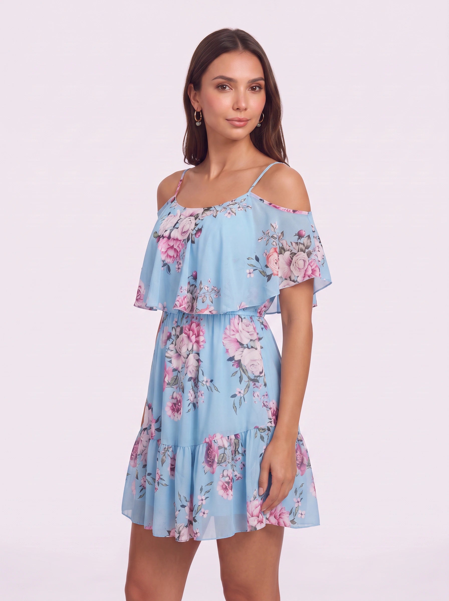 Rosara Cold Shoulder Ruffle Mini Dress – Floral Summer Women Sundress Cocktail Party Vacation Mini Dress