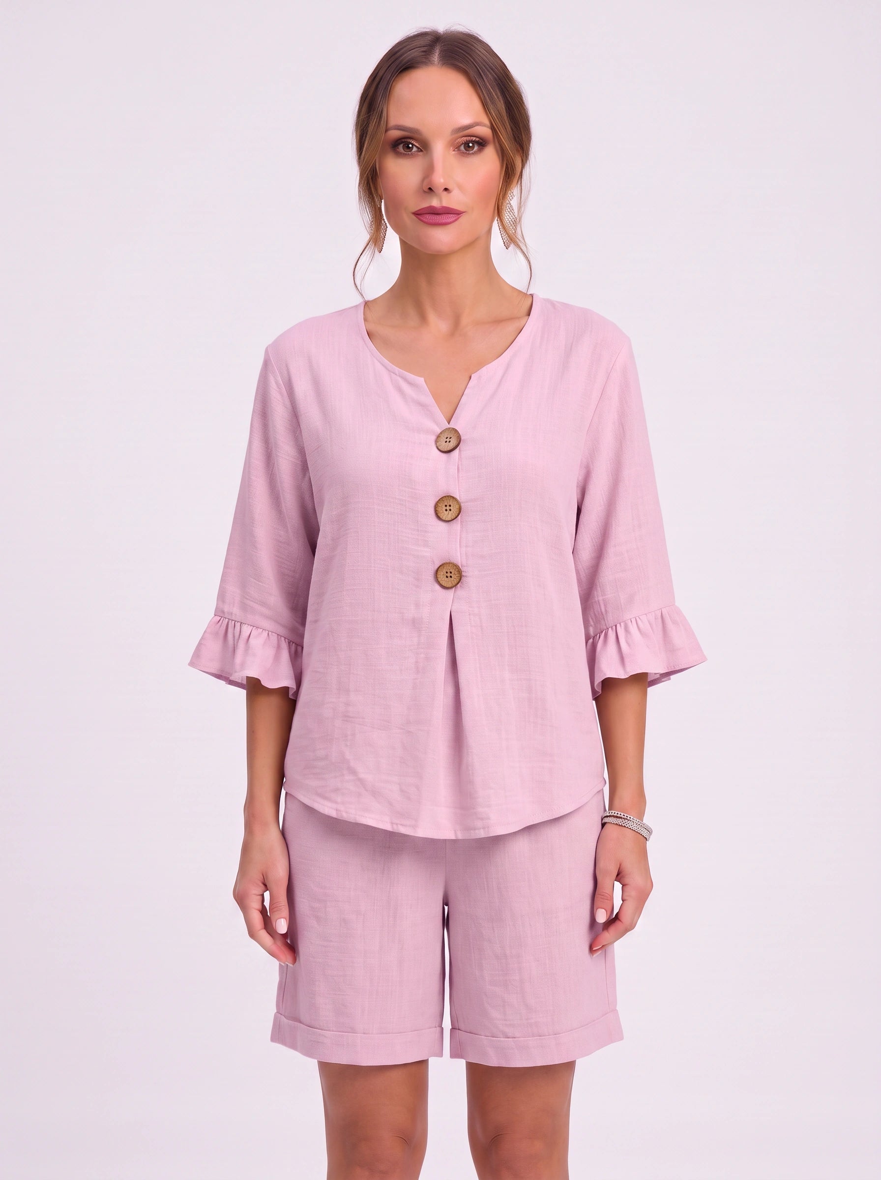 Linora Button-Front Ruffle Sleeve Lounge Set – Two Piece Sets Women Casual Loungewear Cotton Pajama Sets