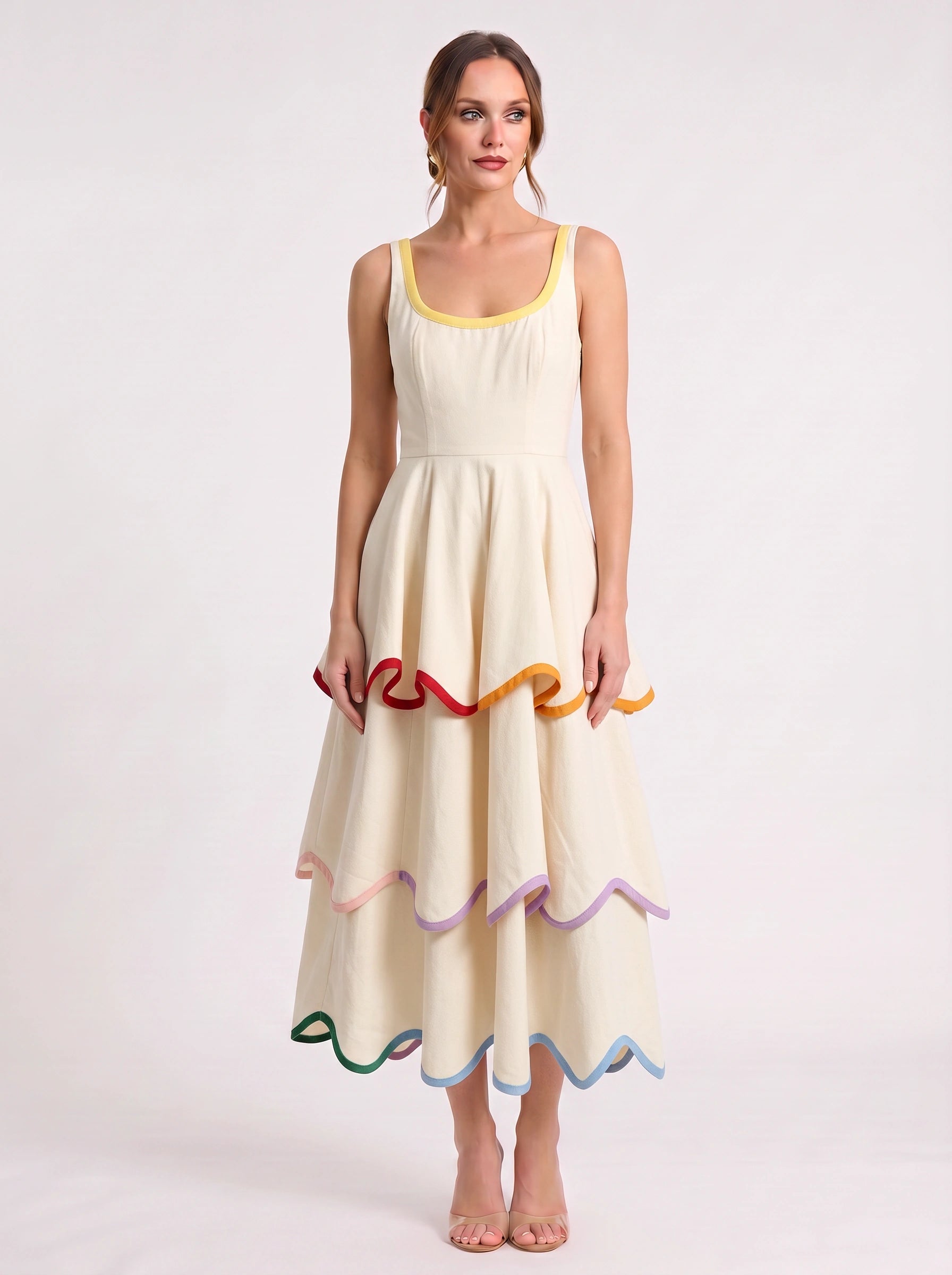 Ribbane Tiered Scoop Midi Dress – Sleeveless Rainbow Trim Women Summer Wedding Guest Linen Midi Dress
