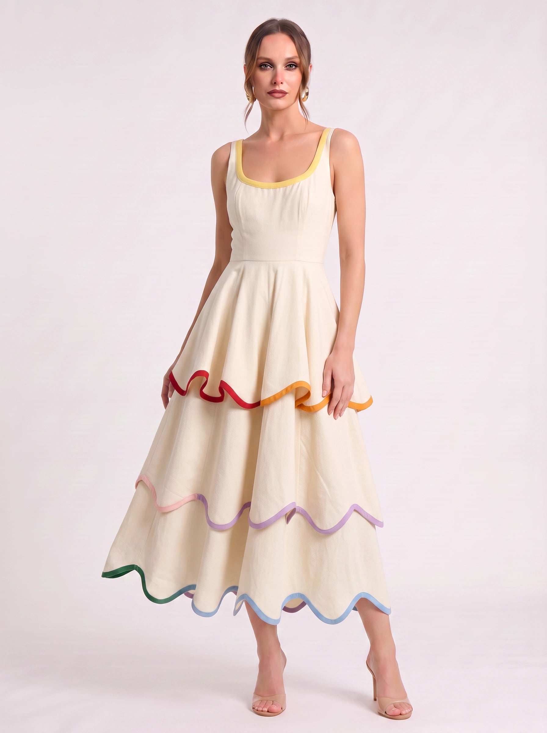 Ribbane Tiered Scoop Midi Dress – Sleeveless Rainbow Trim Women Summer Wedding Guest Linen Midi Dress