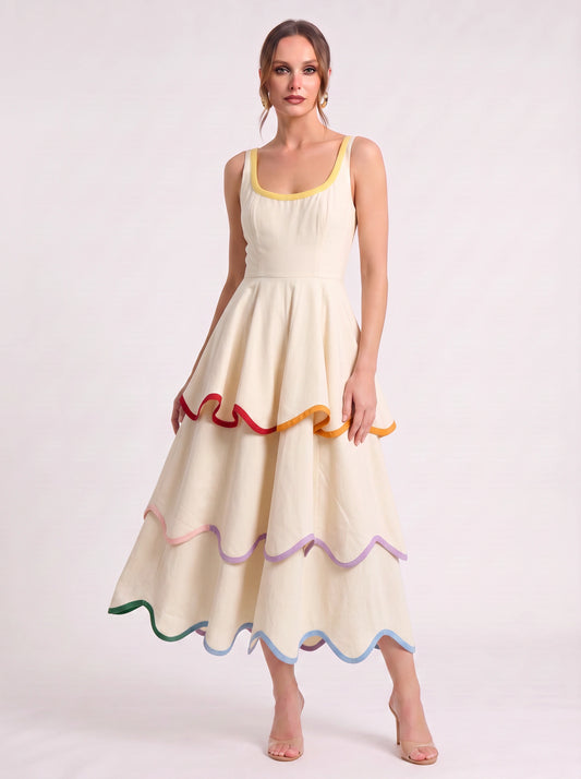 Ribbane Tiered Scoop Midi Dress – Sleeveless Rainbow Trim Women Summer Wedding Guest Linen Midi Dress