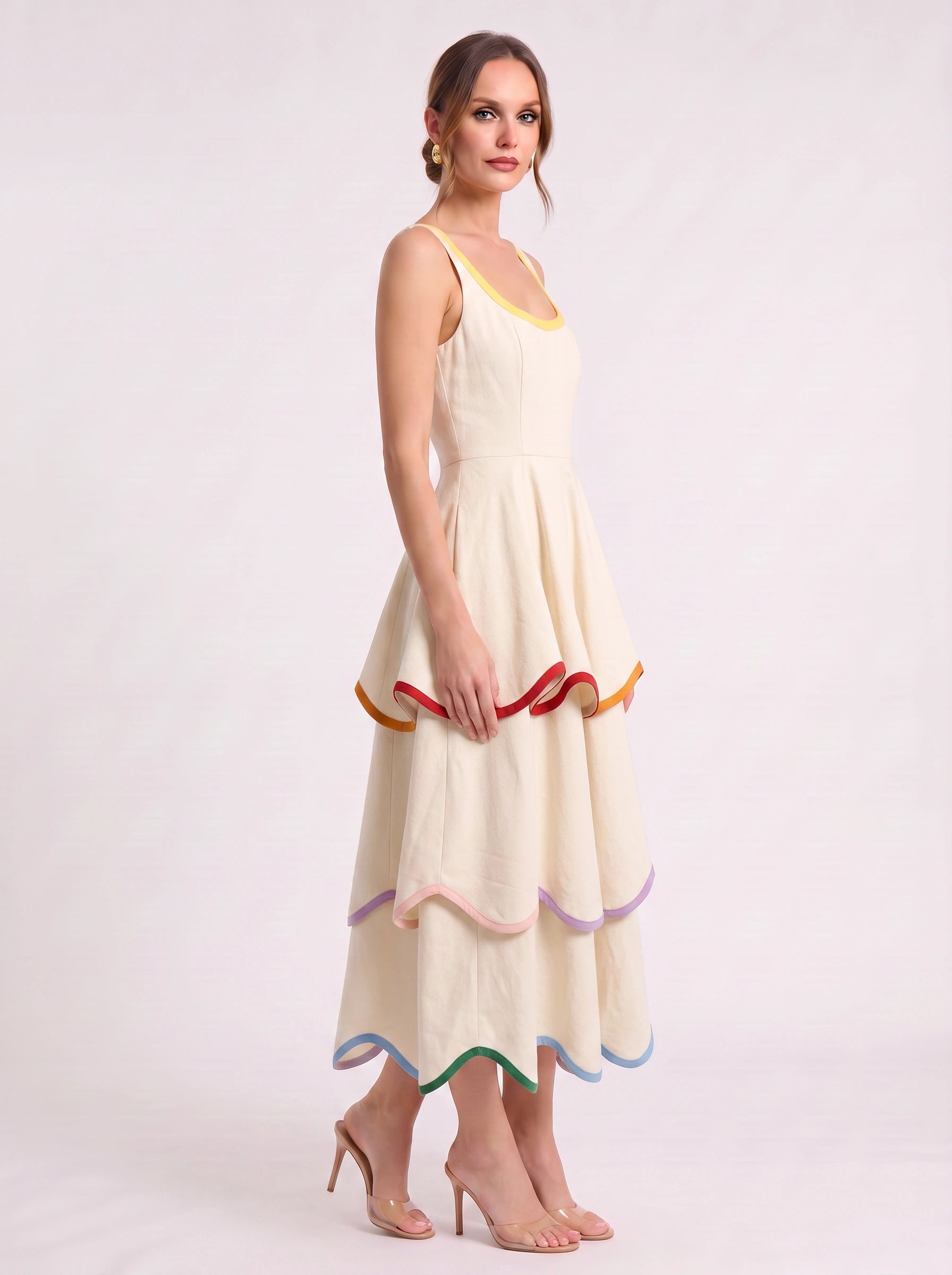Ribbane Tiered Scoop Midi Dress – Sleeveless Rainbow Trim Women Summer Wedding Guest Linen Midi Dress