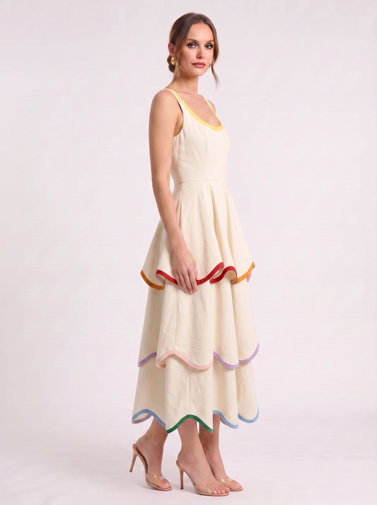 Ribbane Tiered Scoop Midi Dress – Sleeveless Rainbow Trim Women Summer Wedding Guest Linen Midi Dress