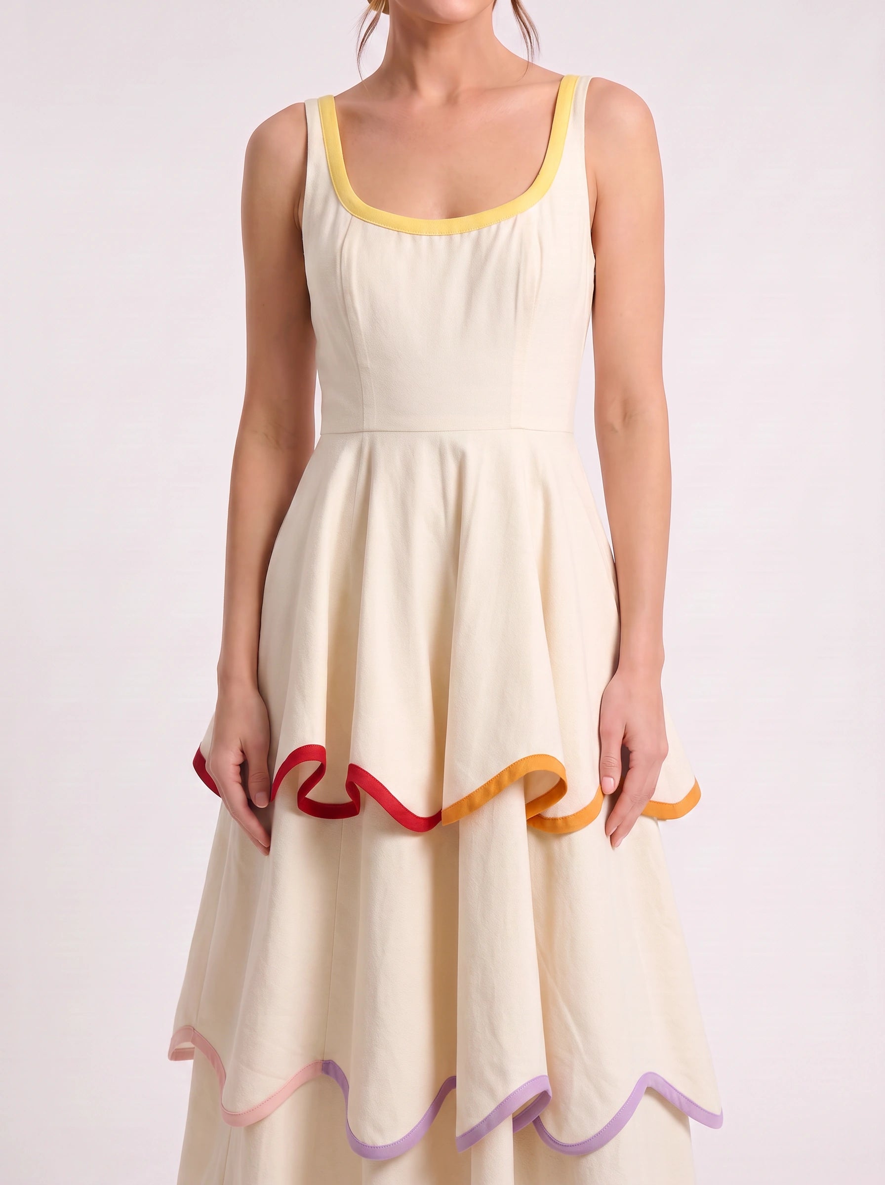 Ribbane Tiered Scoop Midi Dress – Sleeveless Rainbow Trim Women Summer Wedding Guest Linen Midi Dress