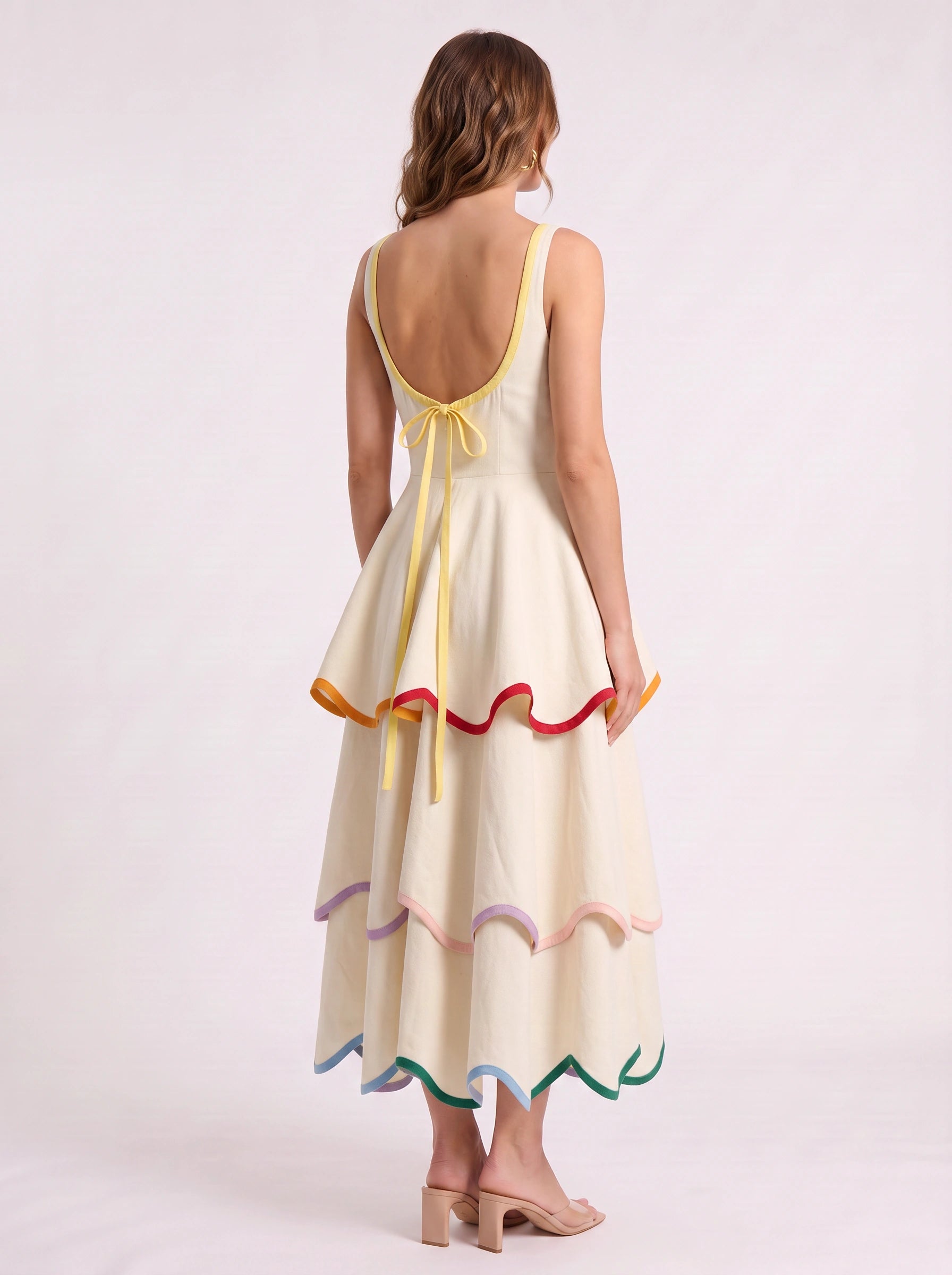 Ribbane Tiered Scoop Midi Dress – Sleeveless Rainbow Trim Women Summer Wedding Guest Linen Midi Dress