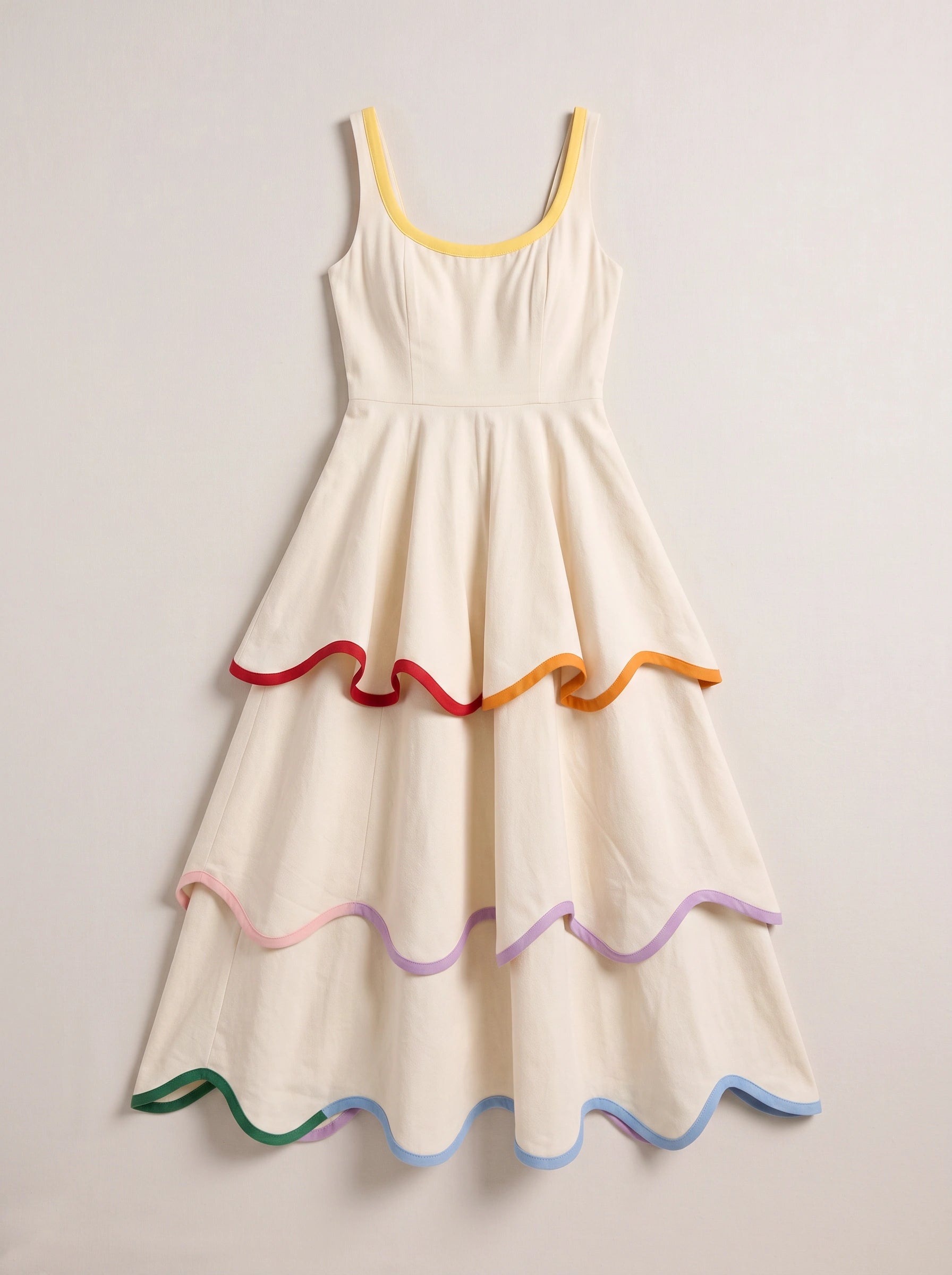 Ribbane Tiered Scoop Midi Dress – Sleeveless Rainbow Trim Women Summer Wedding Guest Linen Midi Dress