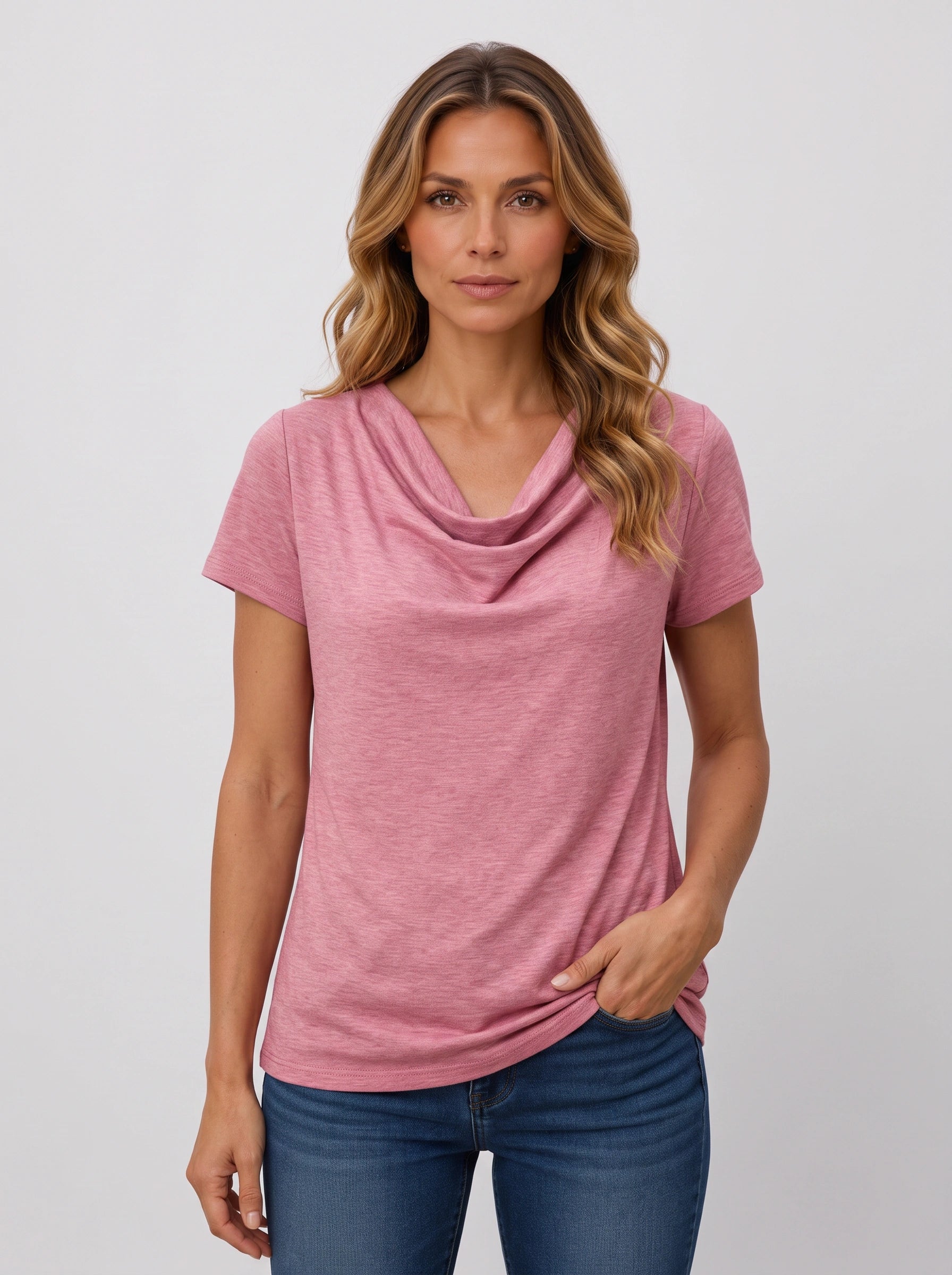 Birdie Draped Cowl-Neck Short-Sleeve Top – Women Cotton T Shirts Flowy Casual Relaxed Fit Cute Tops Ladies