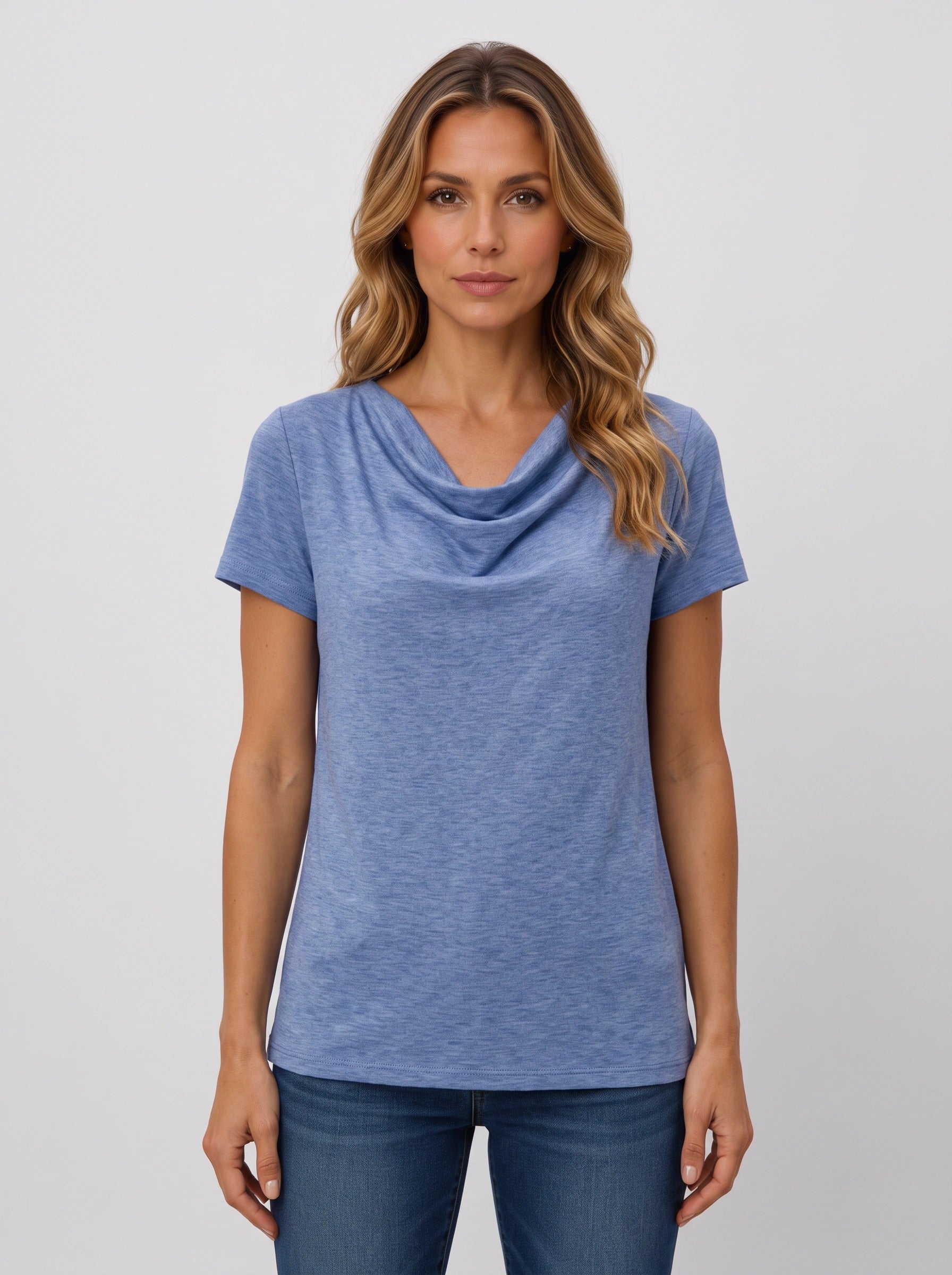 Birdie Draped Cowl-Neck Short-Sleeve Top – Women Cotton T Shirts Flowy Casual Relaxed Fit Cute Tops Ladies