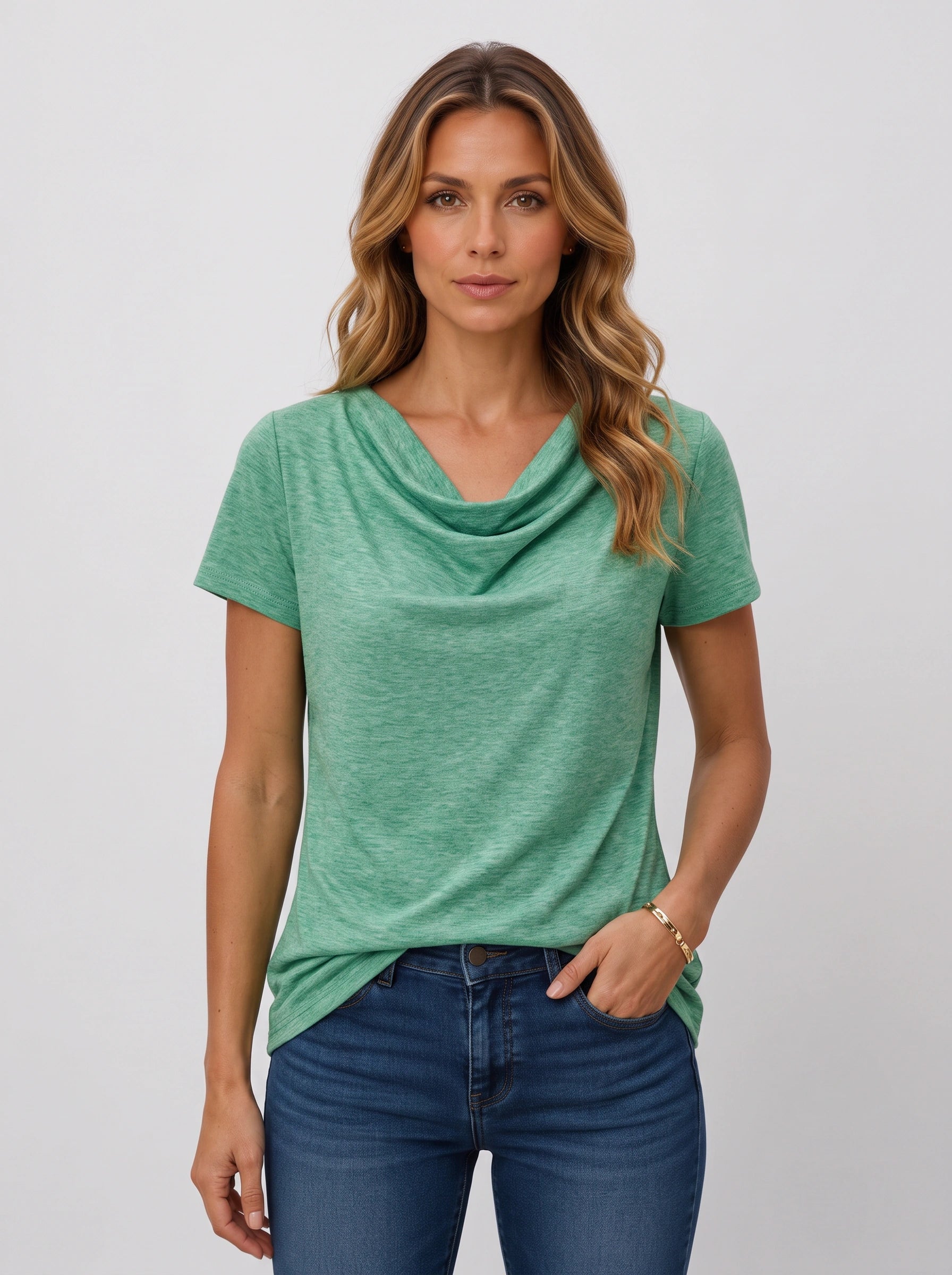 Birdie Draped Cowl-Neck Short-Sleeve Top – Women Cotton T Shirts Flowy Casual Relaxed Fit Cute Tops Ladies