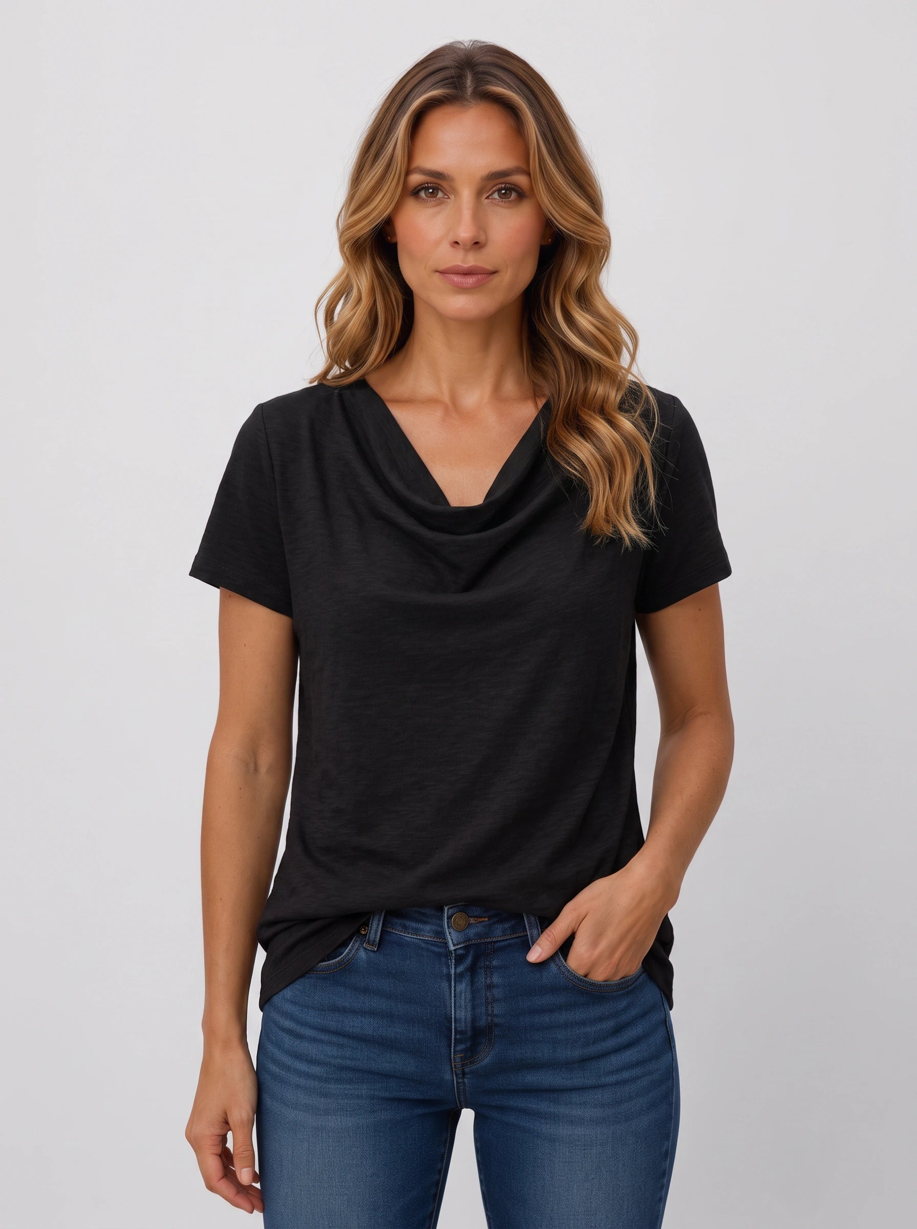 Birdie Draped Cowl-Neck Short-Sleeve Top – Women Cotton T Shirts Flowy Casual Relaxed Fit Cute Tops Ladies