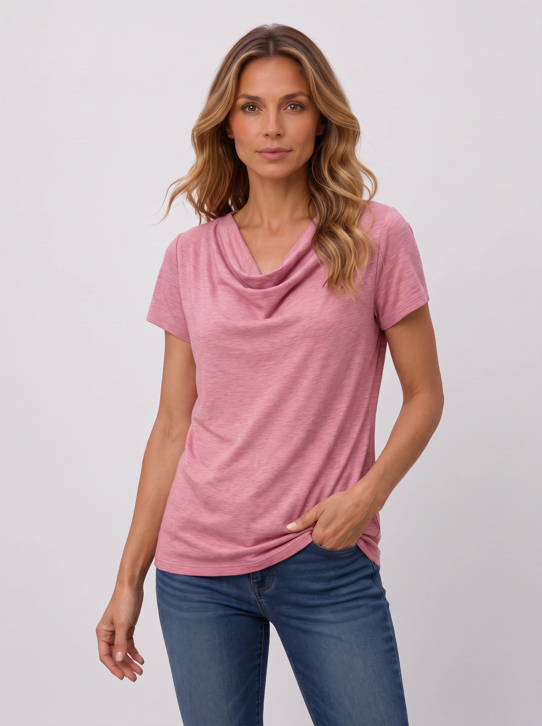 Birdie Draped Cowl-Neck Short-Sleeve Top – Women Cotton T Shirts Flowy Casual Relaxed Fit Cute Tops Ladies