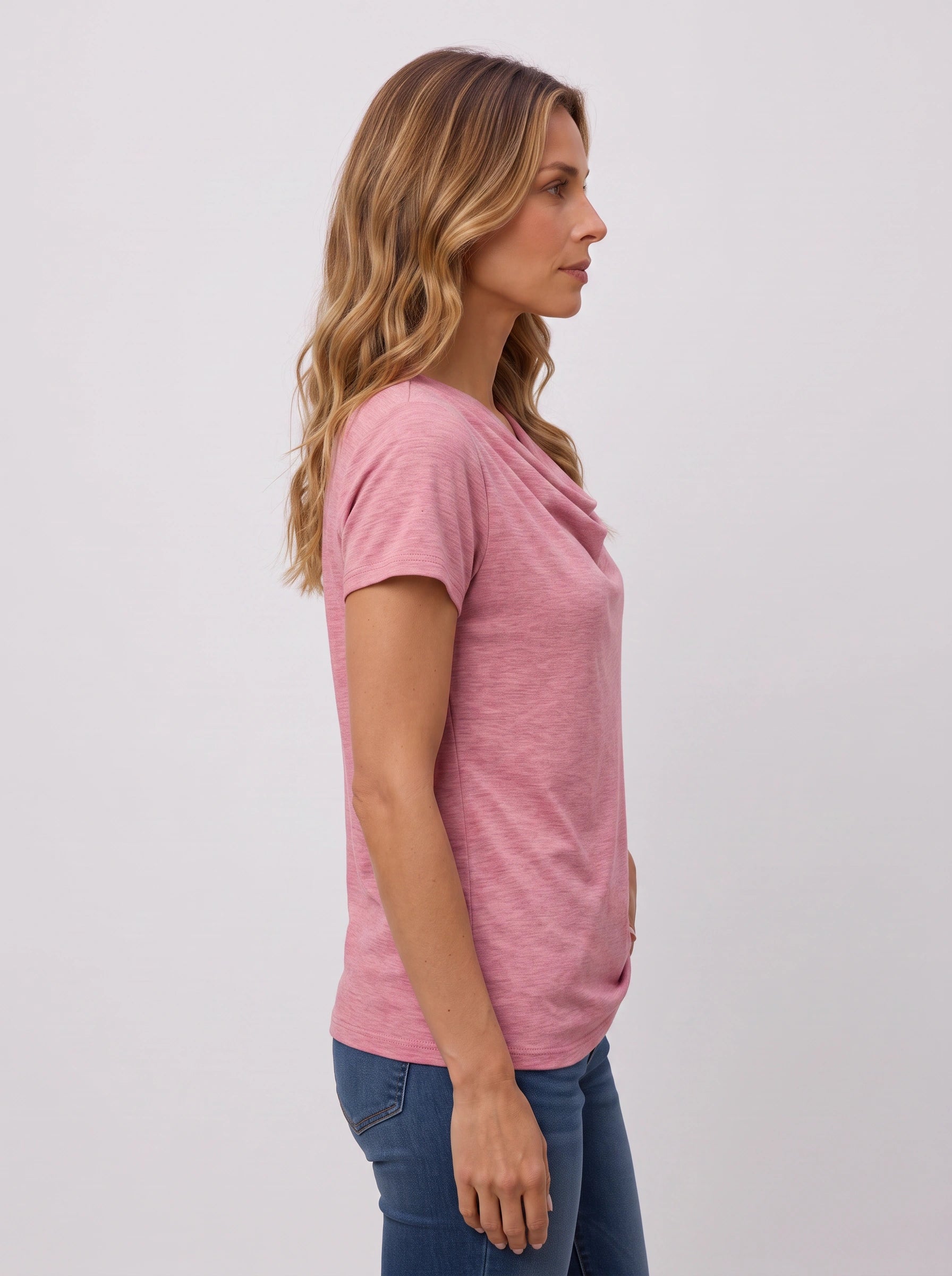 Birdie Draped Cowl-Neck Short-Sleeve Top – Women Cotton T Shirts Flowy Casual Relaxed Fit Cute Tops Ladies