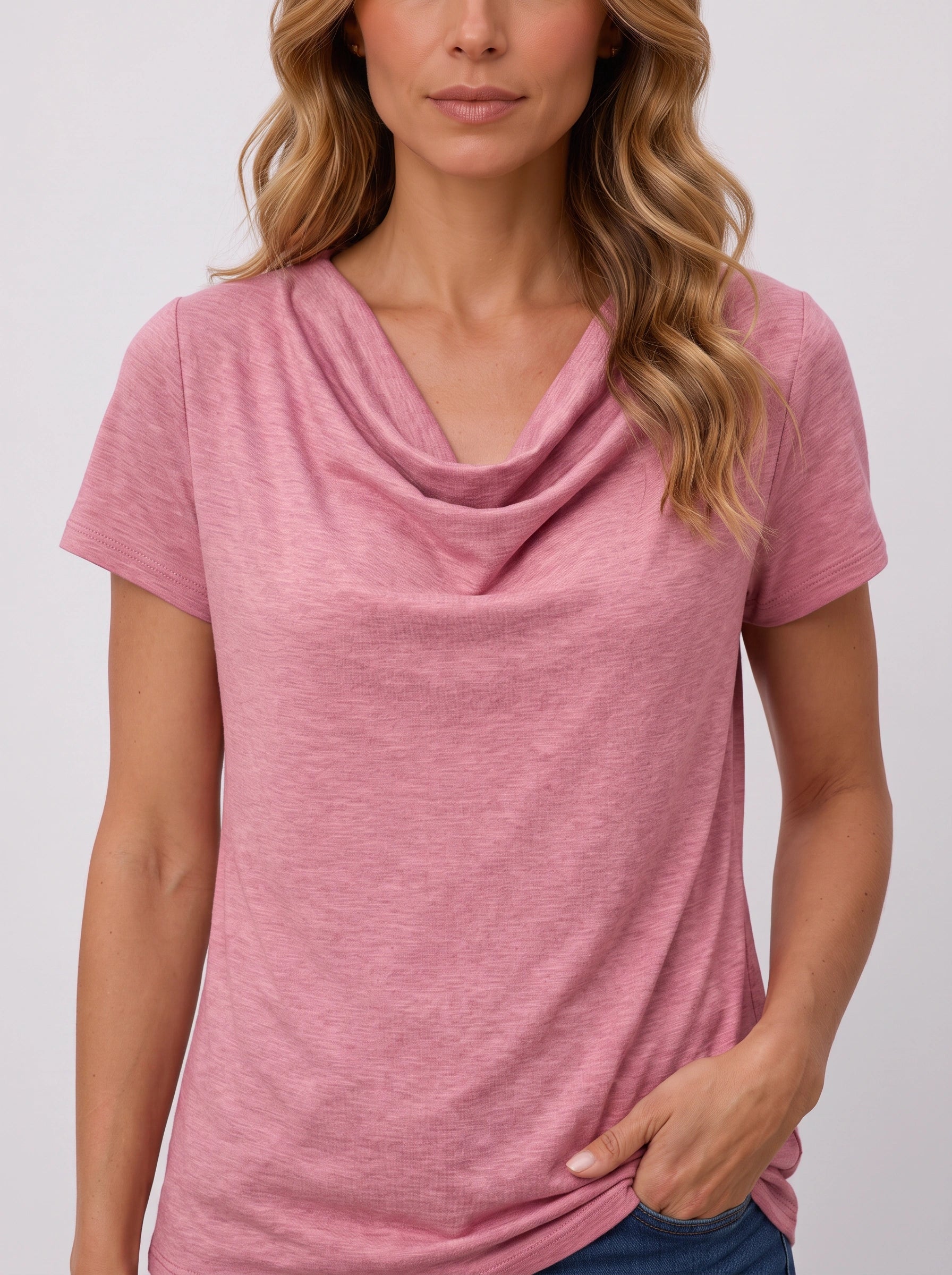 Birdie Draped Cowl-Neck Short-Sleeve Top – Women Cotton T Shirts Flowy Casual Relaxed Fit Cute Tops Ladies