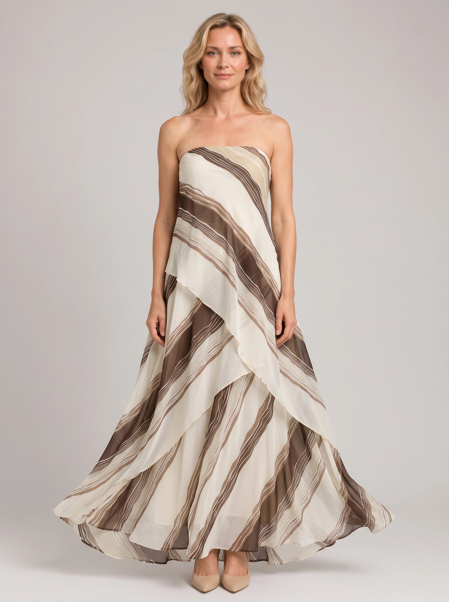 Ondela Strapless Asymmetric Maxi Dress – Striped Summer Women Formal Cocktail Wedding Guest Maxi Dress