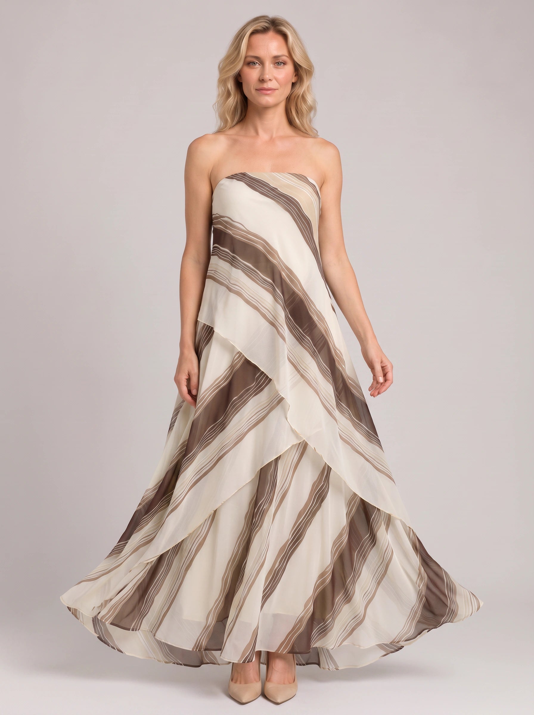 Ondela Strapless Asymmetric Maxi Dress – Striped Summer Women Formal Cocktail Wedding Guest Maxi Dress