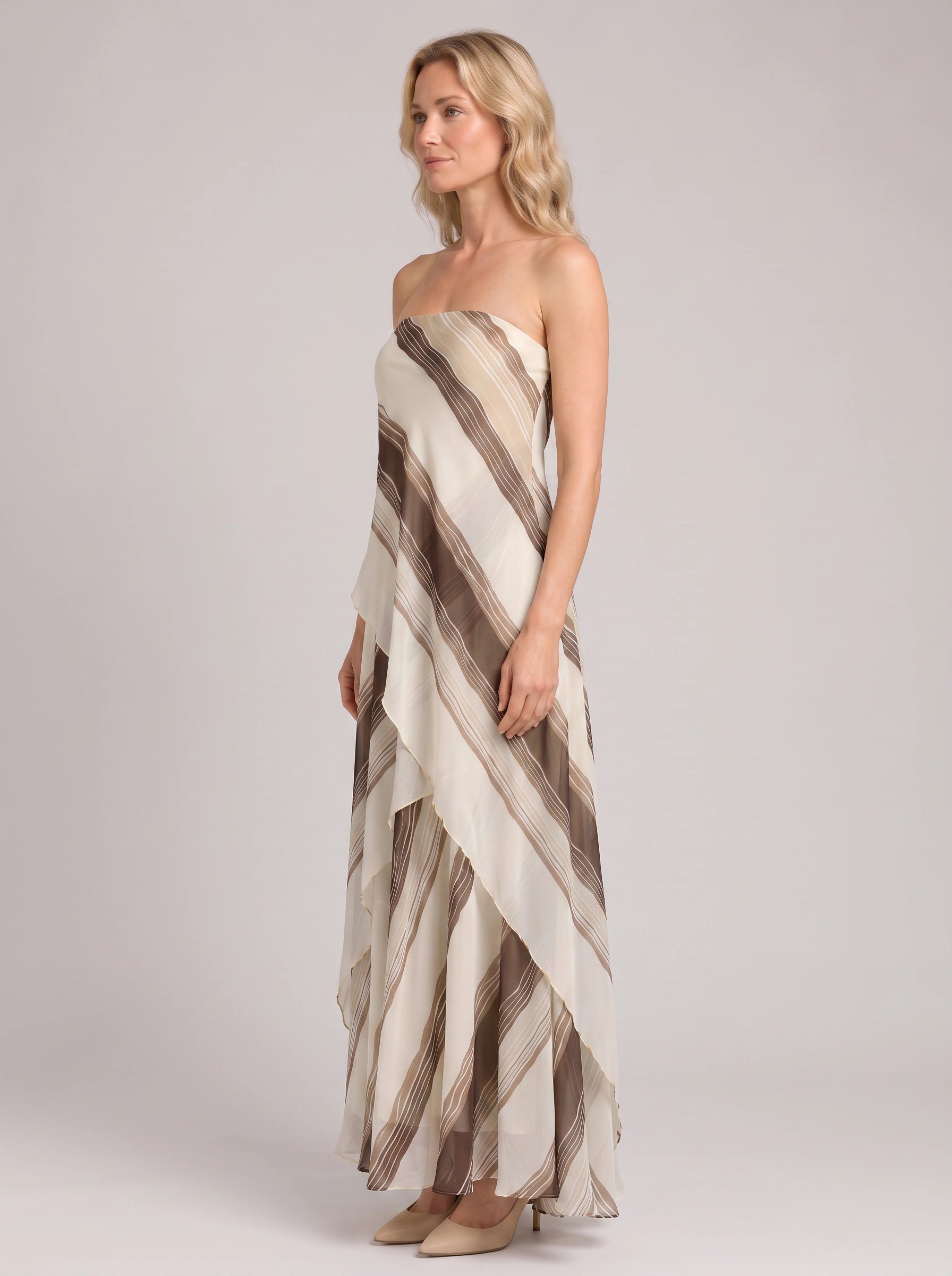 Ondela Strapless Asymmetric Maxi Dress – Striped Summer Women Formal Cocktail Wedding Guest Maxi Dress