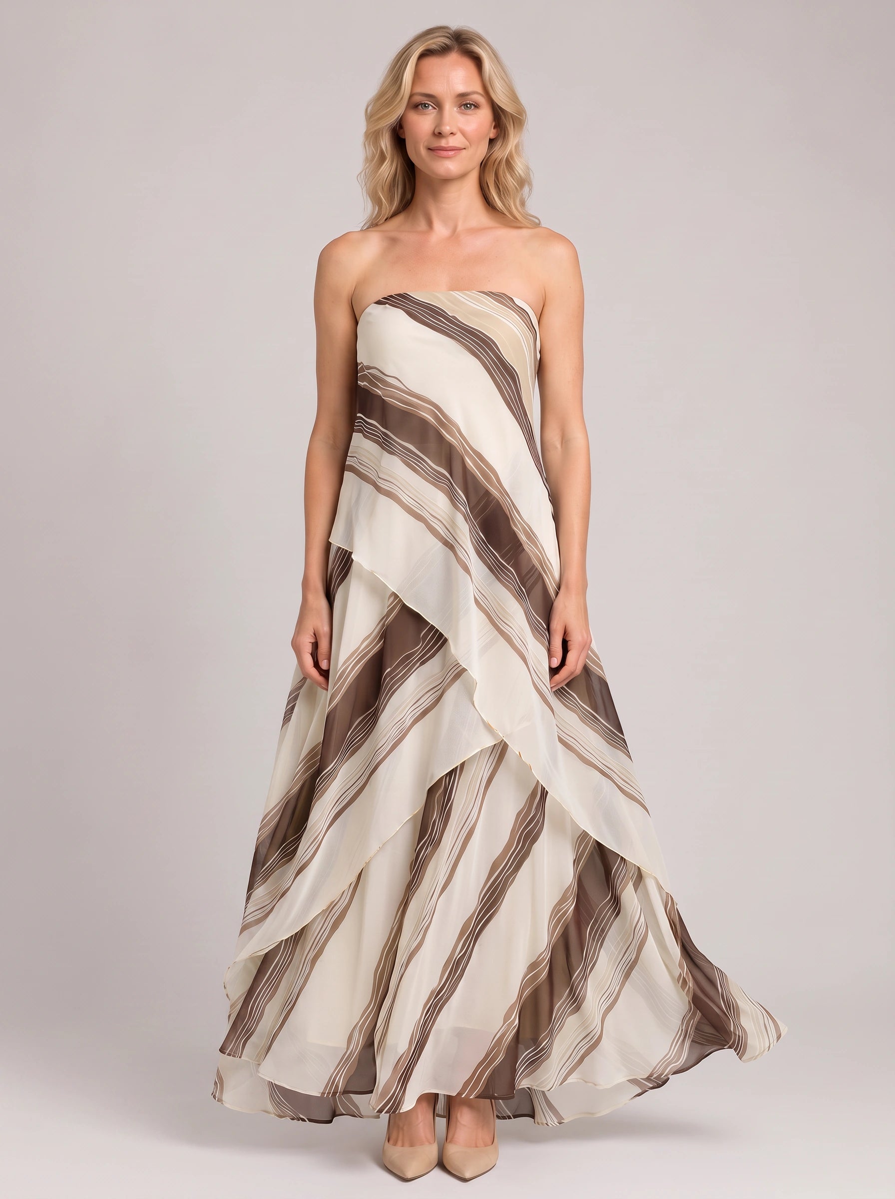 Ondela Strapless Asymmetric Maxi Dress – Striped Summer Women Formal Cocktail Wedding Guest Maxi Dress