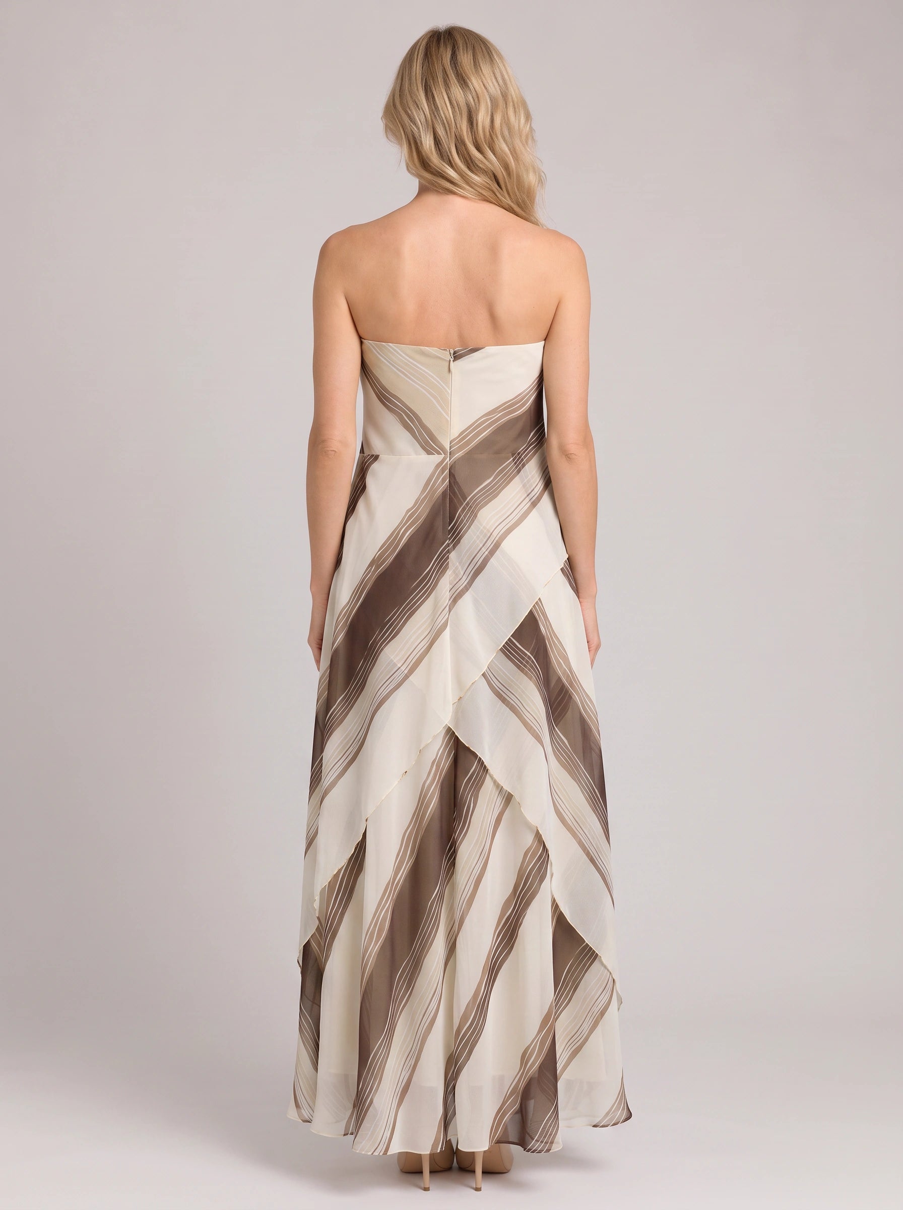 Ondela Strapless Asymmetric Maxi Dress – Striped Summer Women Formal Cocktail Wedding Guest Maxi Dress