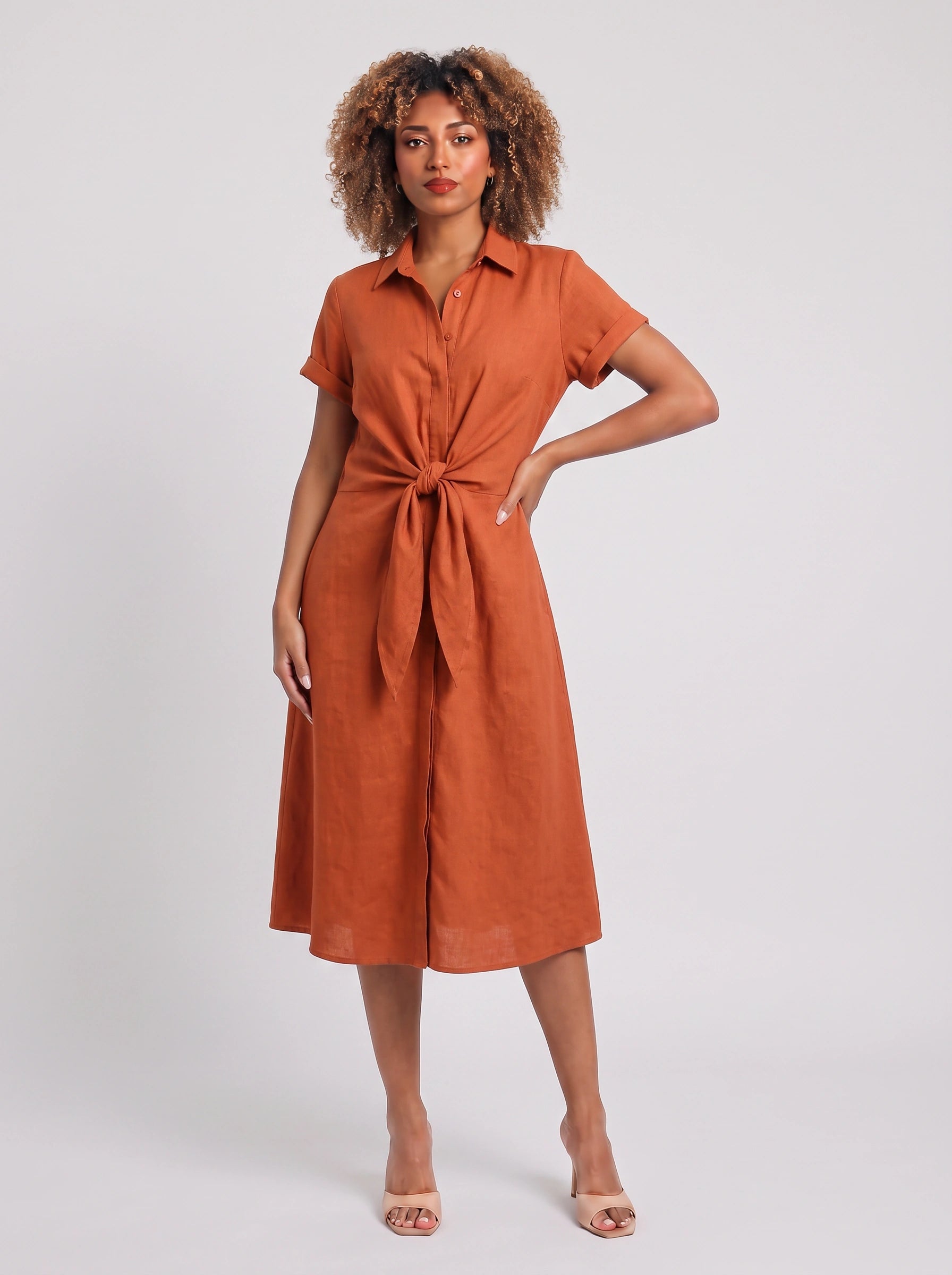 Nodowind Collared Tie-Waist Midi Dress – Shirt Midi Dress Women Summer Cocktail Wedding Guest Business Casual Formal Midi Dress