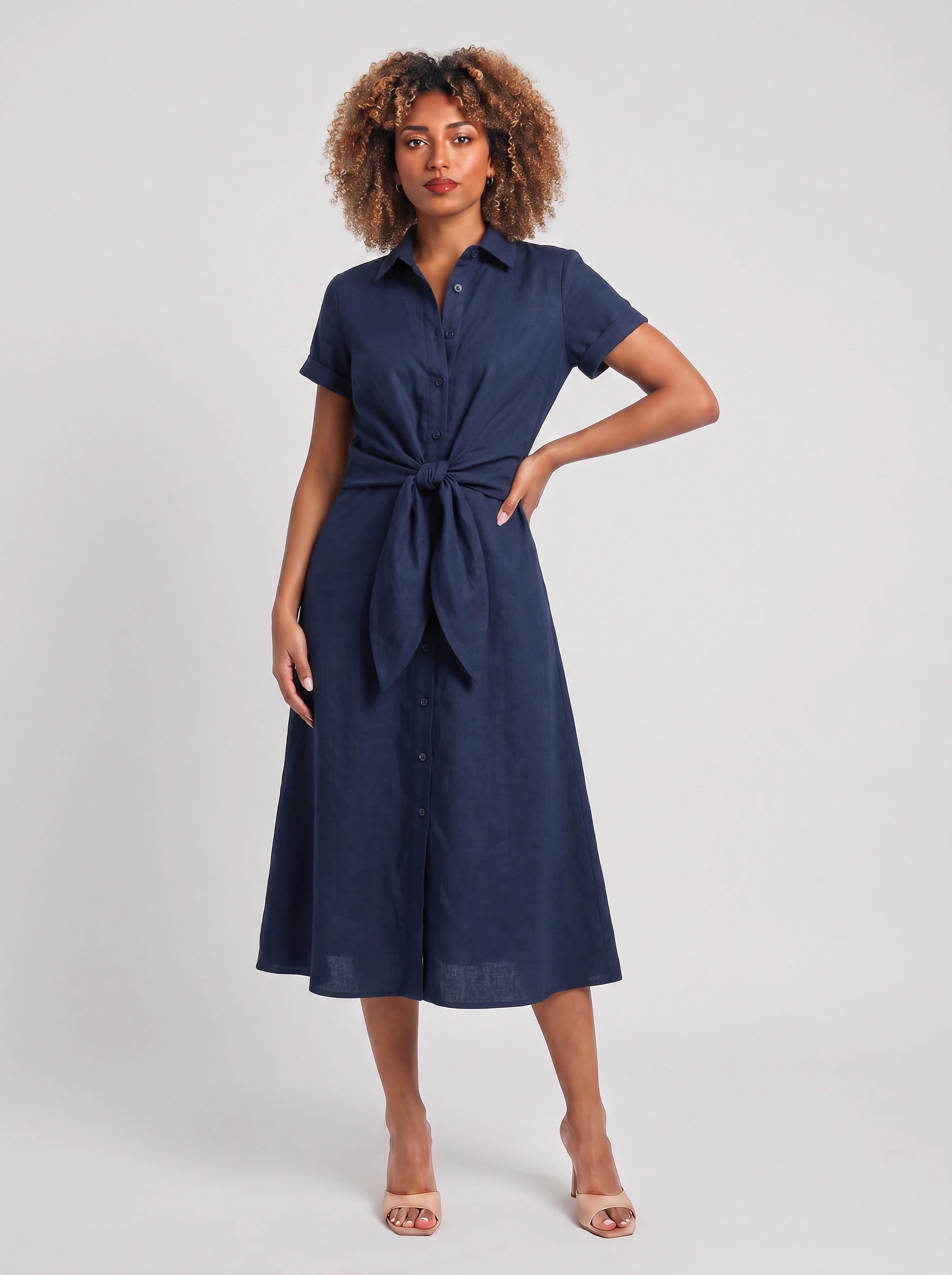 Nodowind Collared Tie-Waist Midi Dress – Shirt Midi Dress Women Summer Cocktail Wedding Guest Business Casual Formal Midi Dress