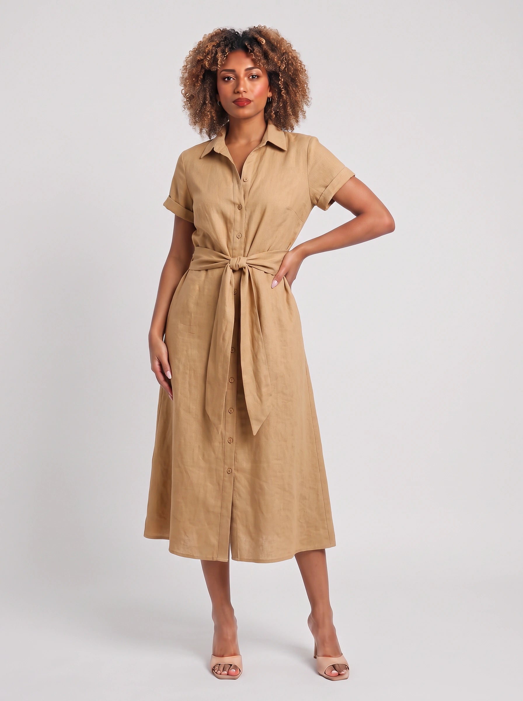 Nodowind Collared Tie-Waist Midi Dress – Shirt Midi Dress Women Summer Cocktail Wedding Guest Business Casual Formal Midi Dress