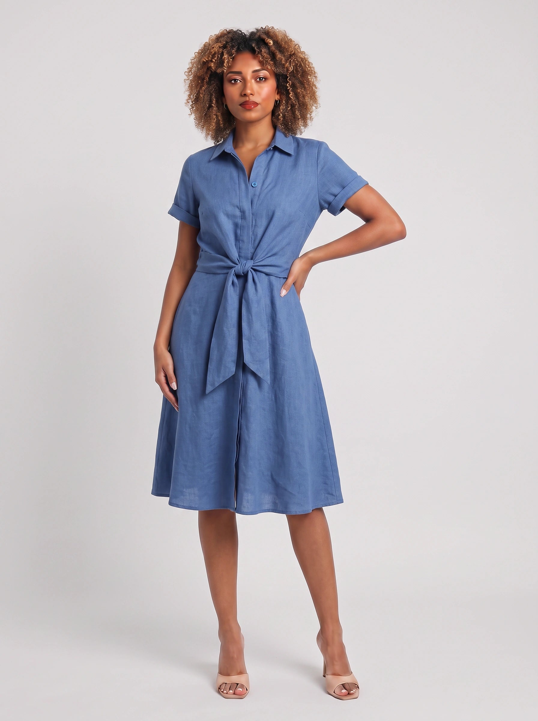 Nodowind Collared Tie-Waist Midi Dress – Shirt Midi Dress Women Summer Cocktail Wedding Guest Business Casual Formal Midi Dress