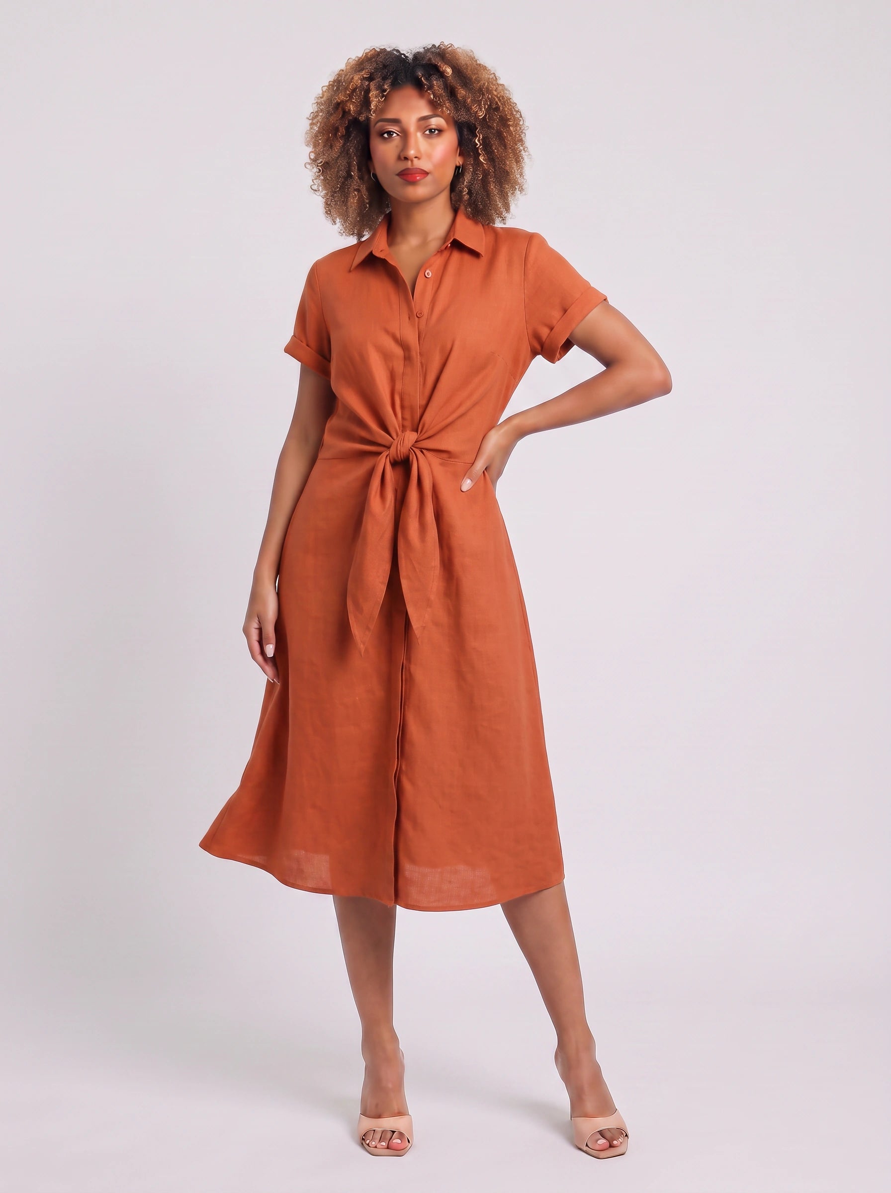 Nodowind Collared Tie-Waist Midi Dress – Shirt Midi Dress Women Summer Cocktail Wedding Guest Business Casual Formal Midi Dress