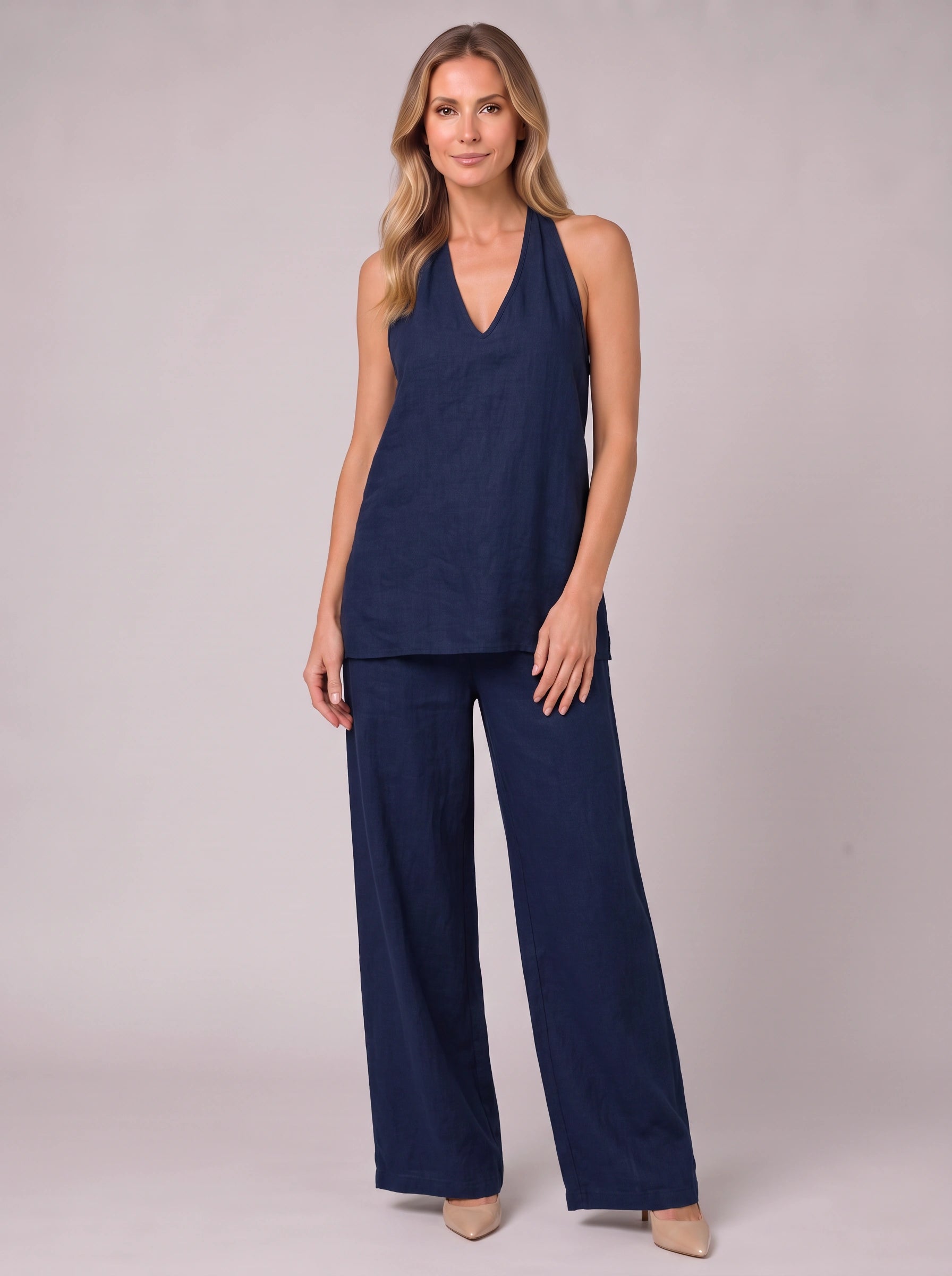 Linatria Halter Neck Co-Ord Set – Linen Two Piece Wide Leg Pants Top Women Summer Vacation Beach Casual Loungewear