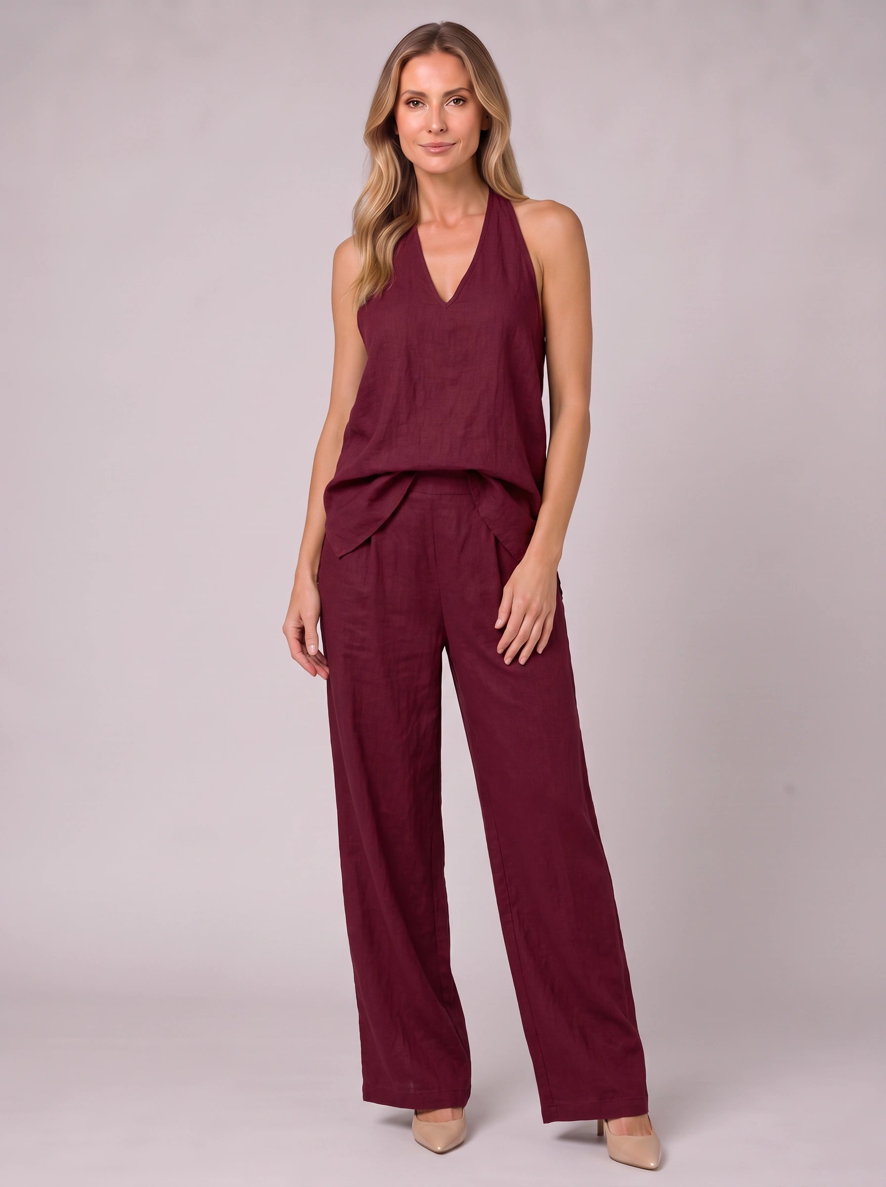 Linatria Halter Neck Co-Ord Set – Linen Two Piece Wide Leg Pants Top Women Summer Vacation Beach Casual Loungewear