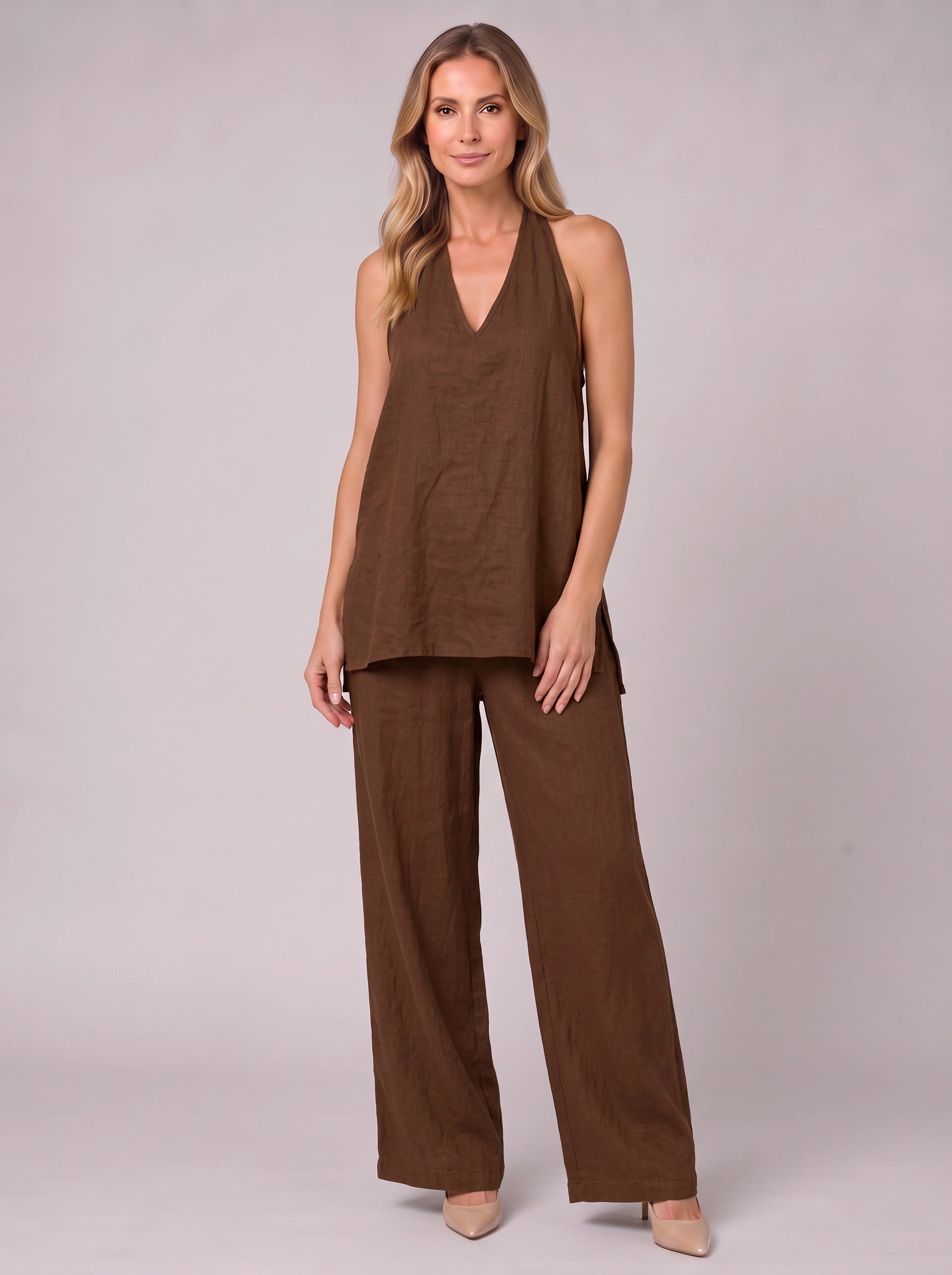 Linatria Halter Neck Co-Ord Set – Linen Two Piece Wide Leg Pants Top Women Summer Vacation Beach Casual Loungewear