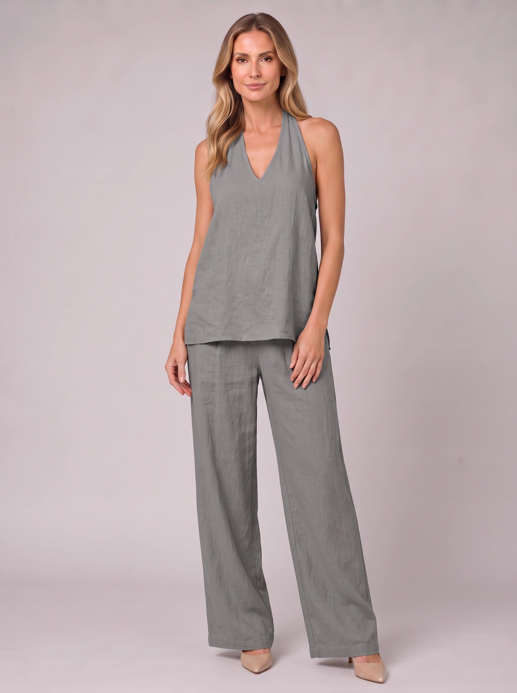 Linatria Halter Neck Co-Ord Set – Linen Two Piece Wide Leg Pants Top Women Summer Vacation Beach Casual Loungewear
