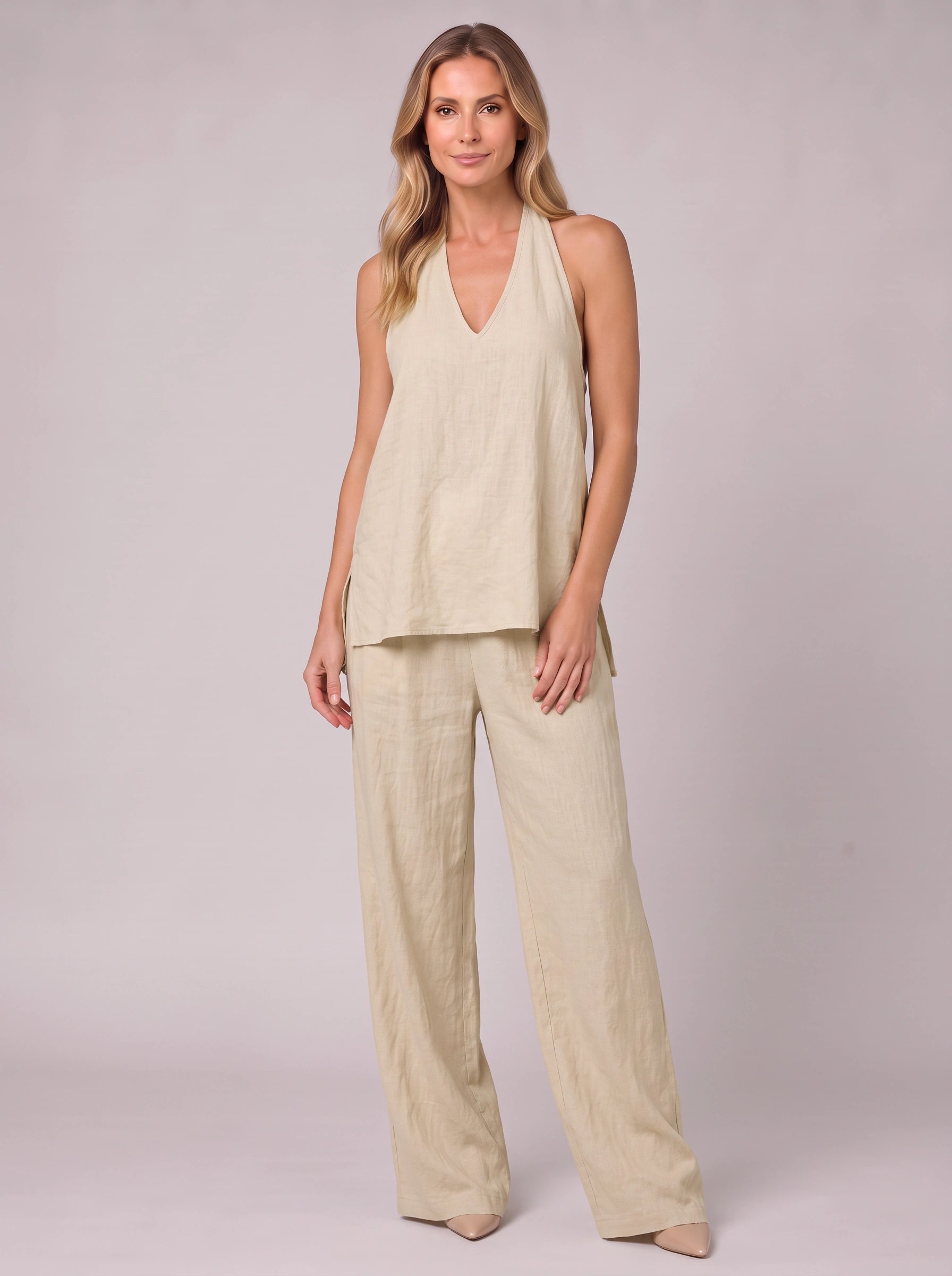 Linatria Halter Neck Co-Ord Set – Linen Two Piece Wide Leg Pants Top Women Summer Vacation Beach Casual Loungewear