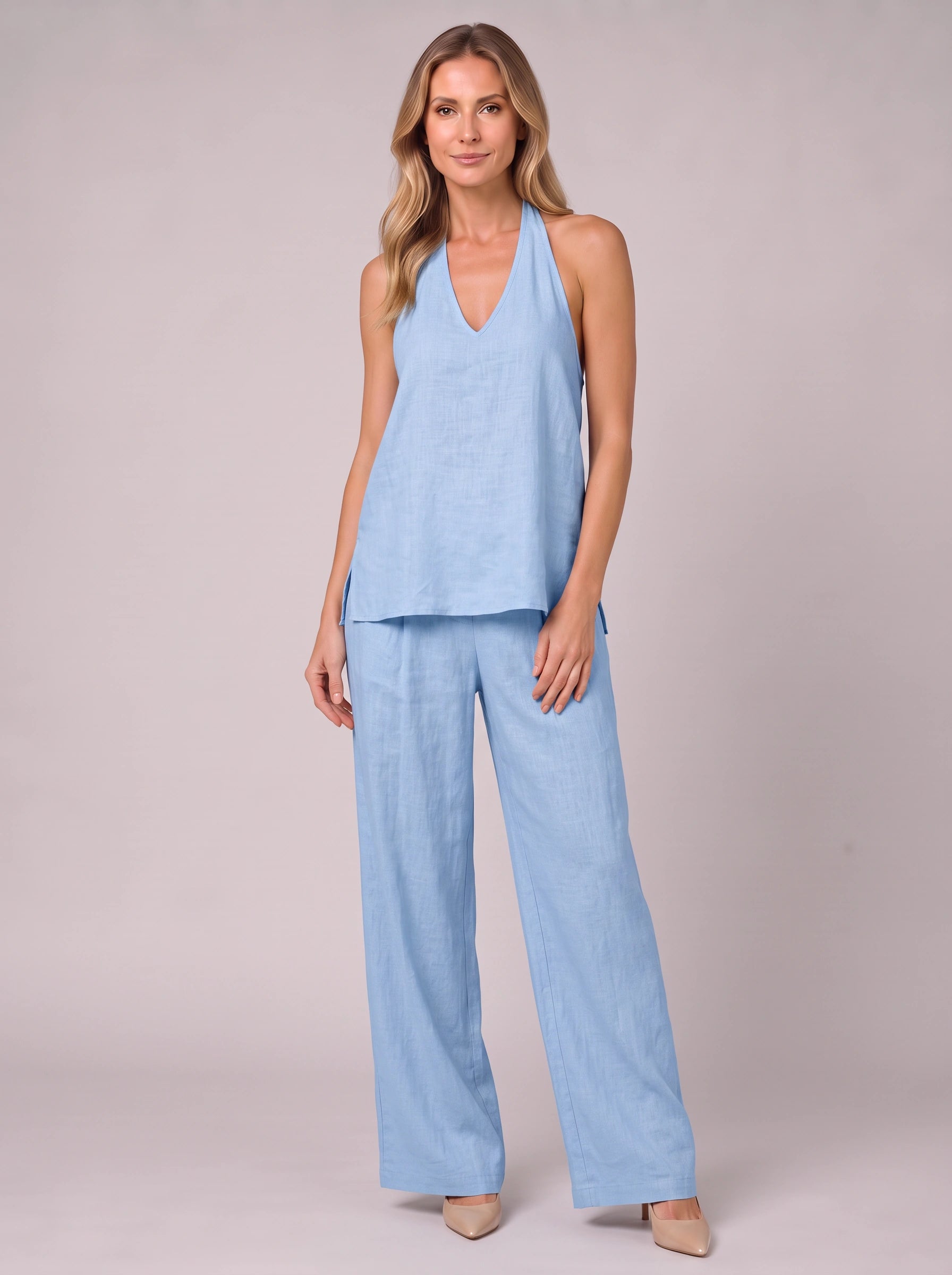 Linatria Halter Neck Co-Ord Set – Linen Two Piece Wide Leg Pants Top Women Summer Vacation Beach Casual Loungewear