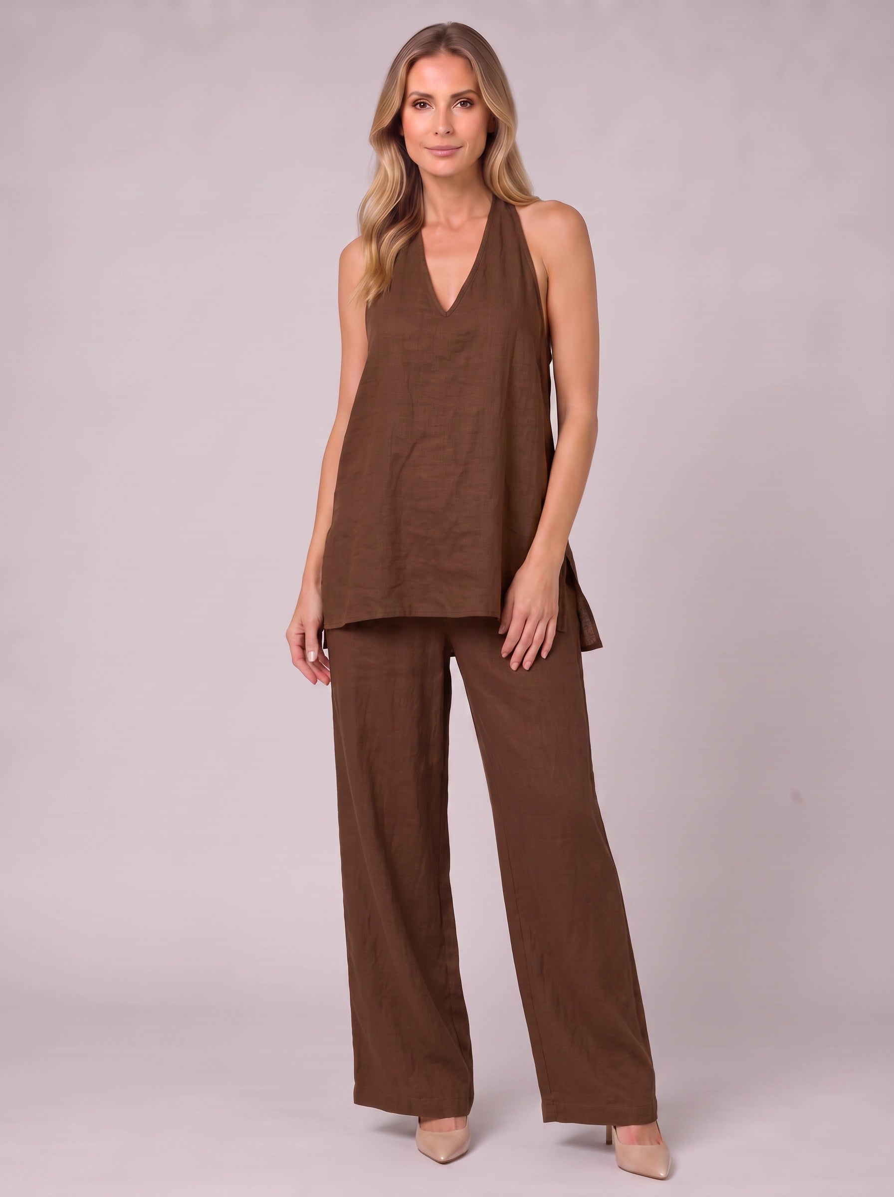 Linatria Halter Neck Co-Ord Set – Linen Two Piece Wide Leg Pants Top Women Summer Vacation Beach Casual Loungewear