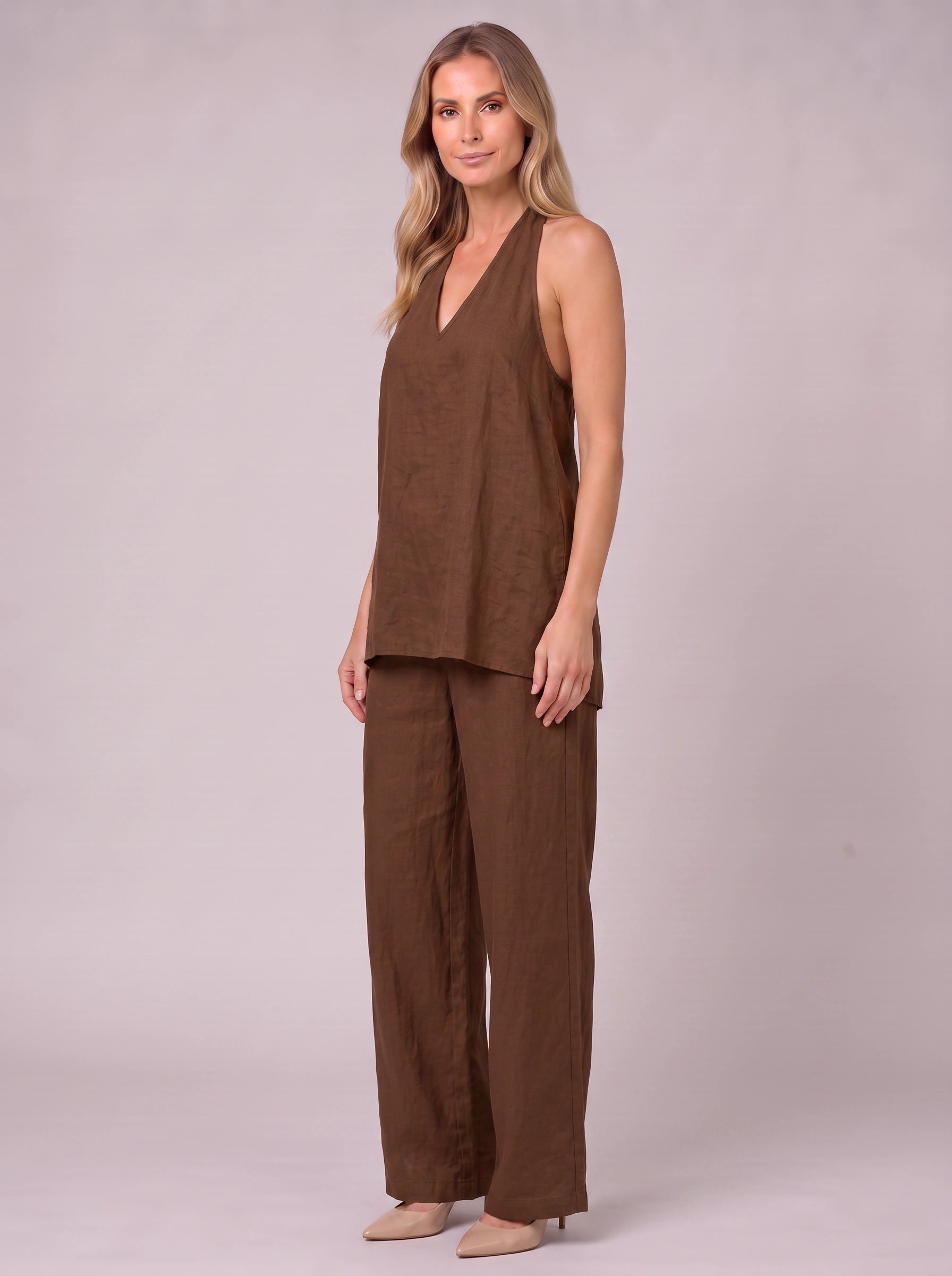 Linatria Halter Neck Co-Ord Set – Linen Two Piece Wide Leg Pants Top Women Summer Vacation Beach Casual Loungewear