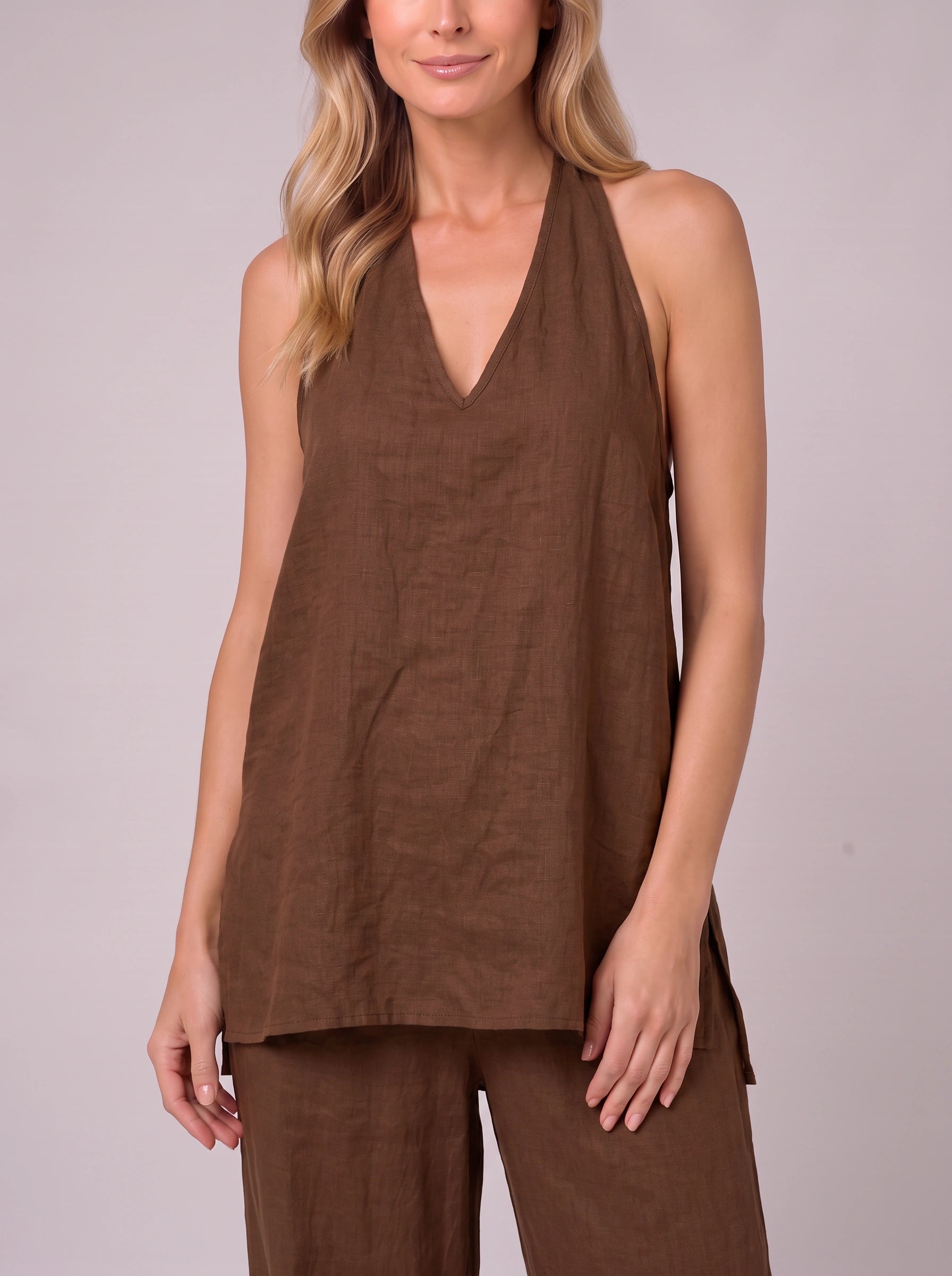Linatria Halter Neck Co-Ord Set – Linen Two Piece Wide Leg Pants Top Women Summer Vacation Beach Casual Loungewear