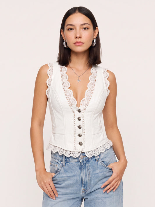 Trellace Lace Trim Button Front Top – Deep V Neck Sleeveless Women Romantic Summer Evening Black Lace Blouse