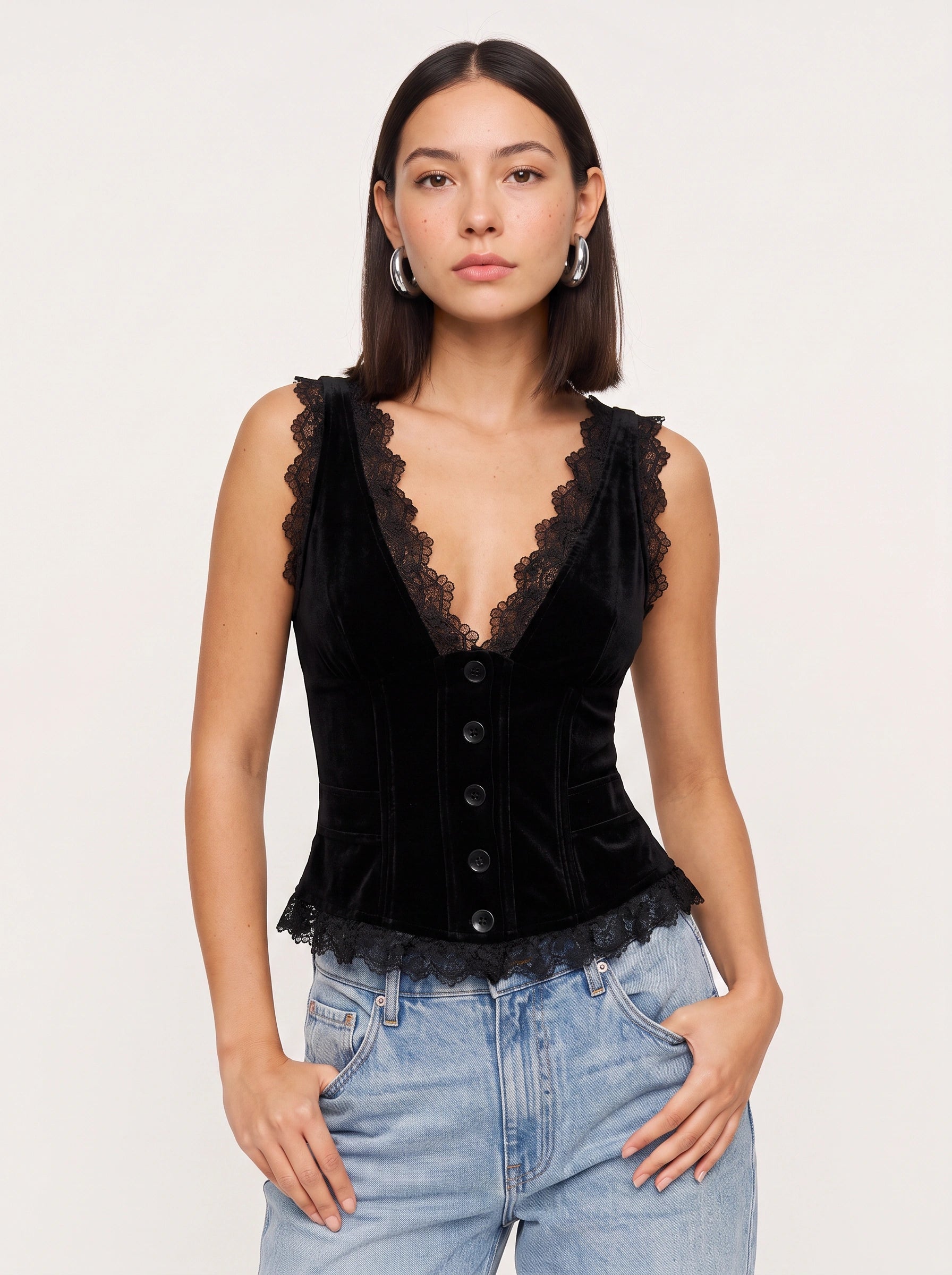 Trellace Lace Trim Button Front Top – Deep V Neck Sleeveless Women Romantic Summer Evening Black Lace Blouse