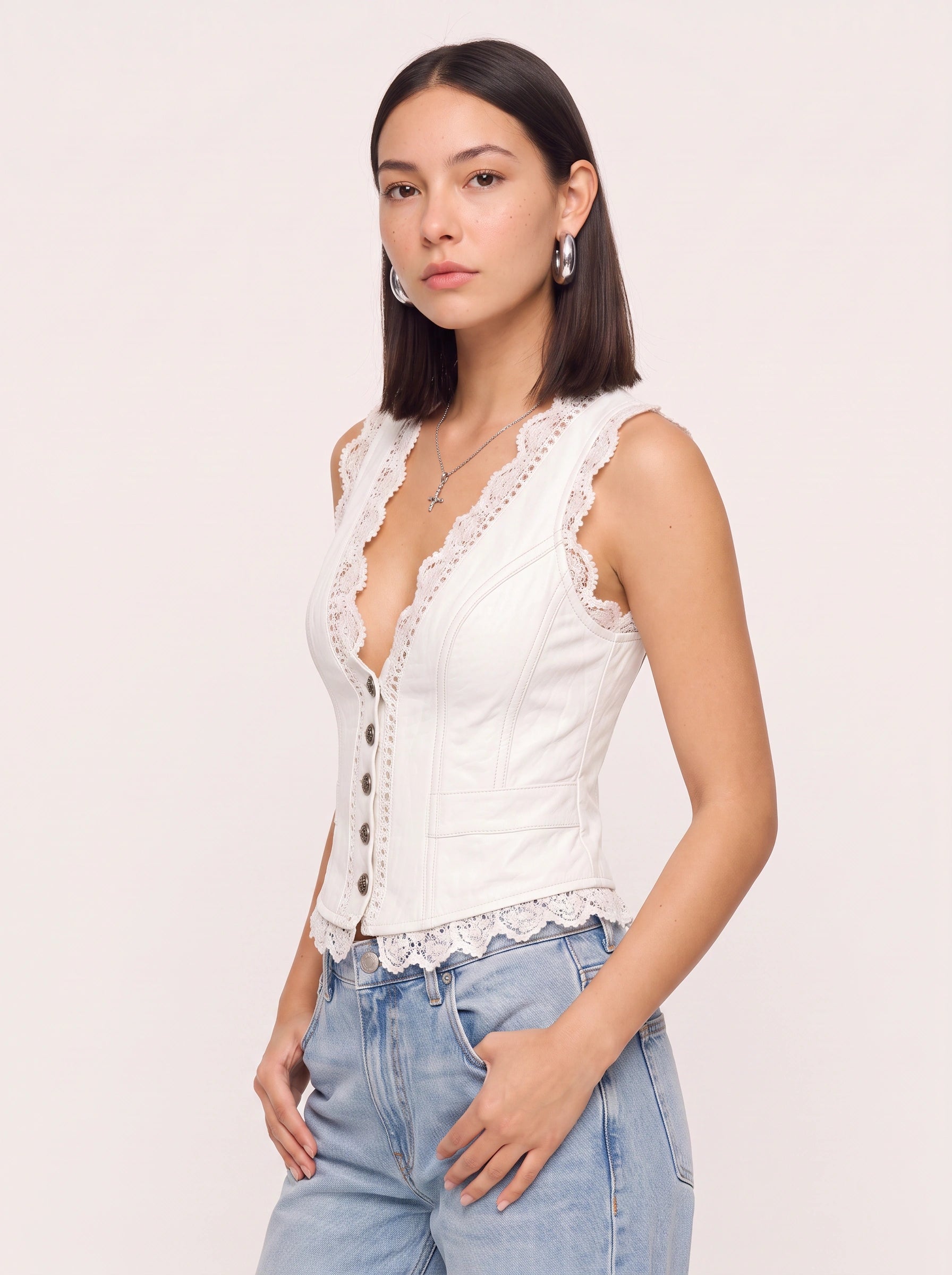 Trellace Lace Trim Button Front Top – Deep V Neck Sleeveless Women Romantic Summer Evening Black Lace Blouse