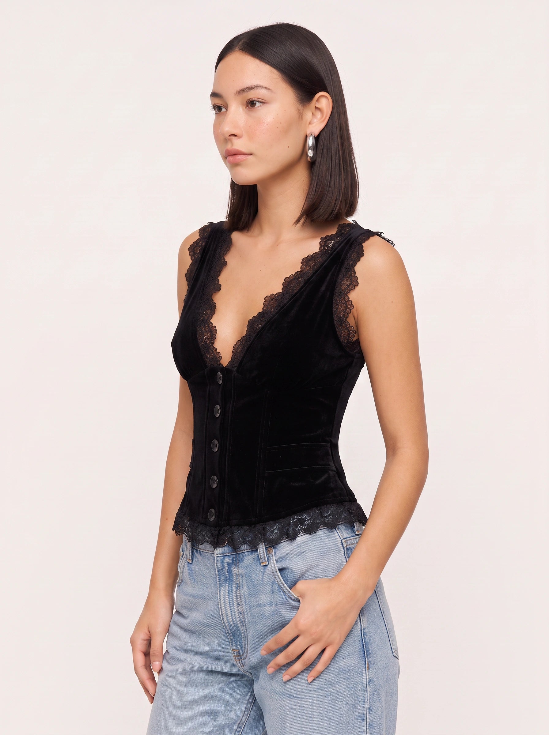 Trellace Lace Trim Button Front Top – Deep V Neck Sleeveless Women Romantic Summer Evening Black Lace Blouse