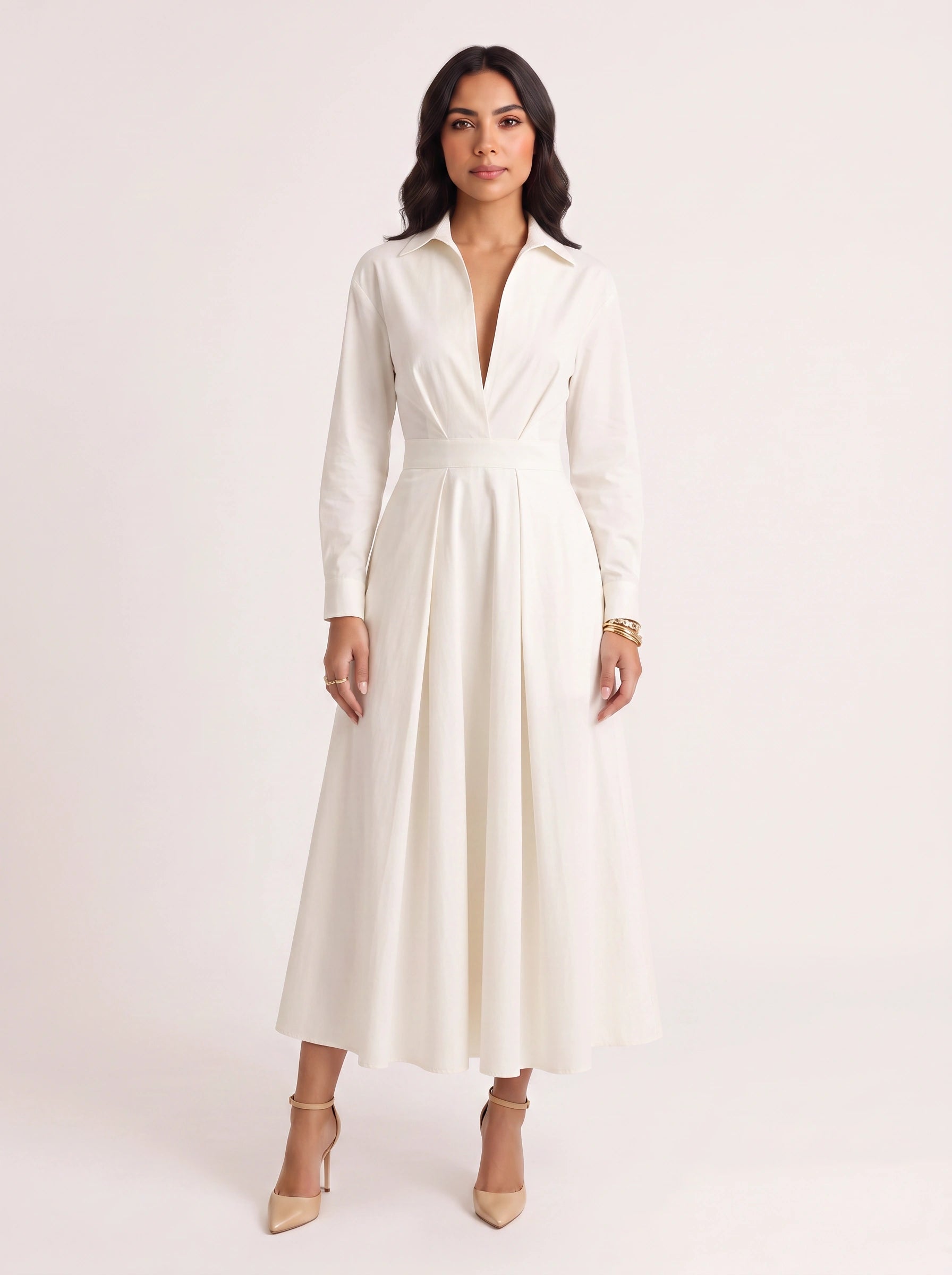 Ivolia Collared Shirt Midi Dress – Women Formal Wedding Guest Bridal Shower Elegant Office White Midi Dress