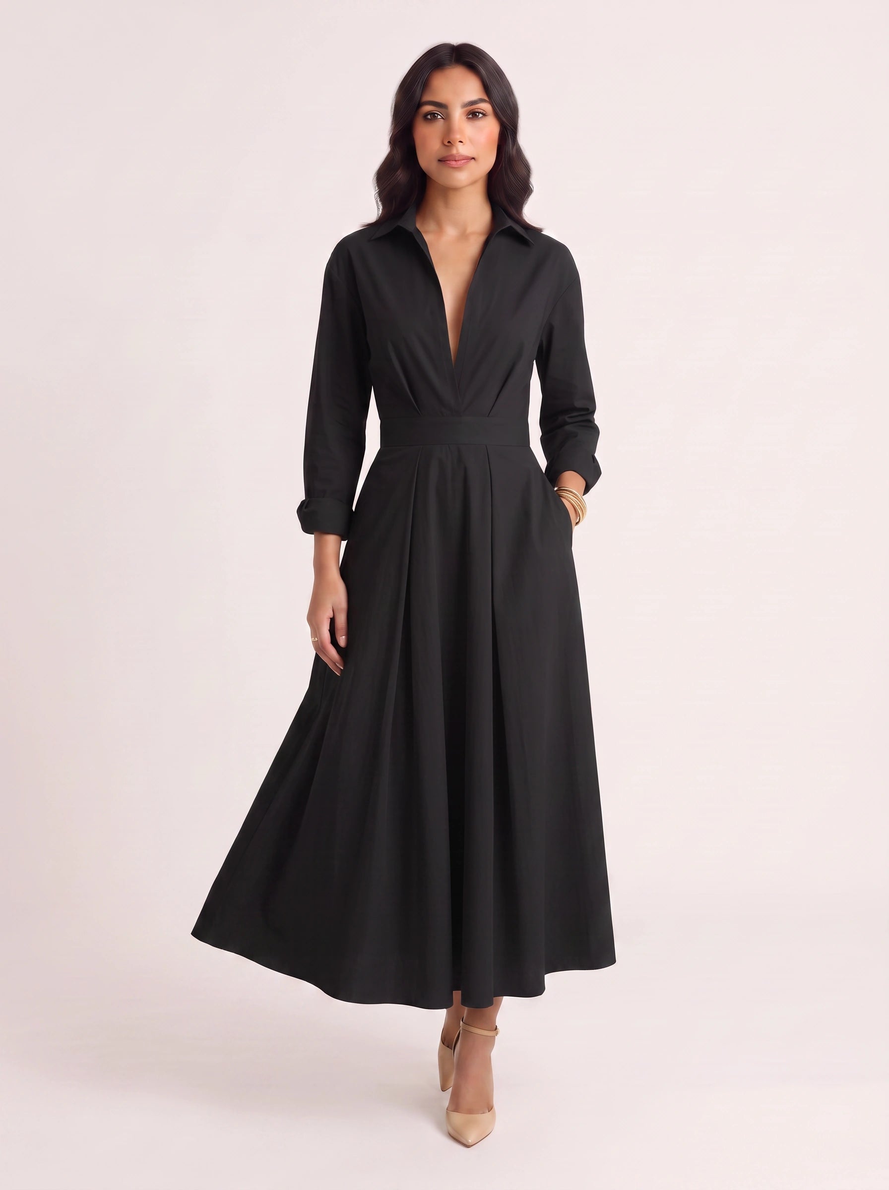 Ivolia Collared Shirt Midi Dress – Women Formal Wedding Guest Bridal Shower Elegant Office White Midi Dress
