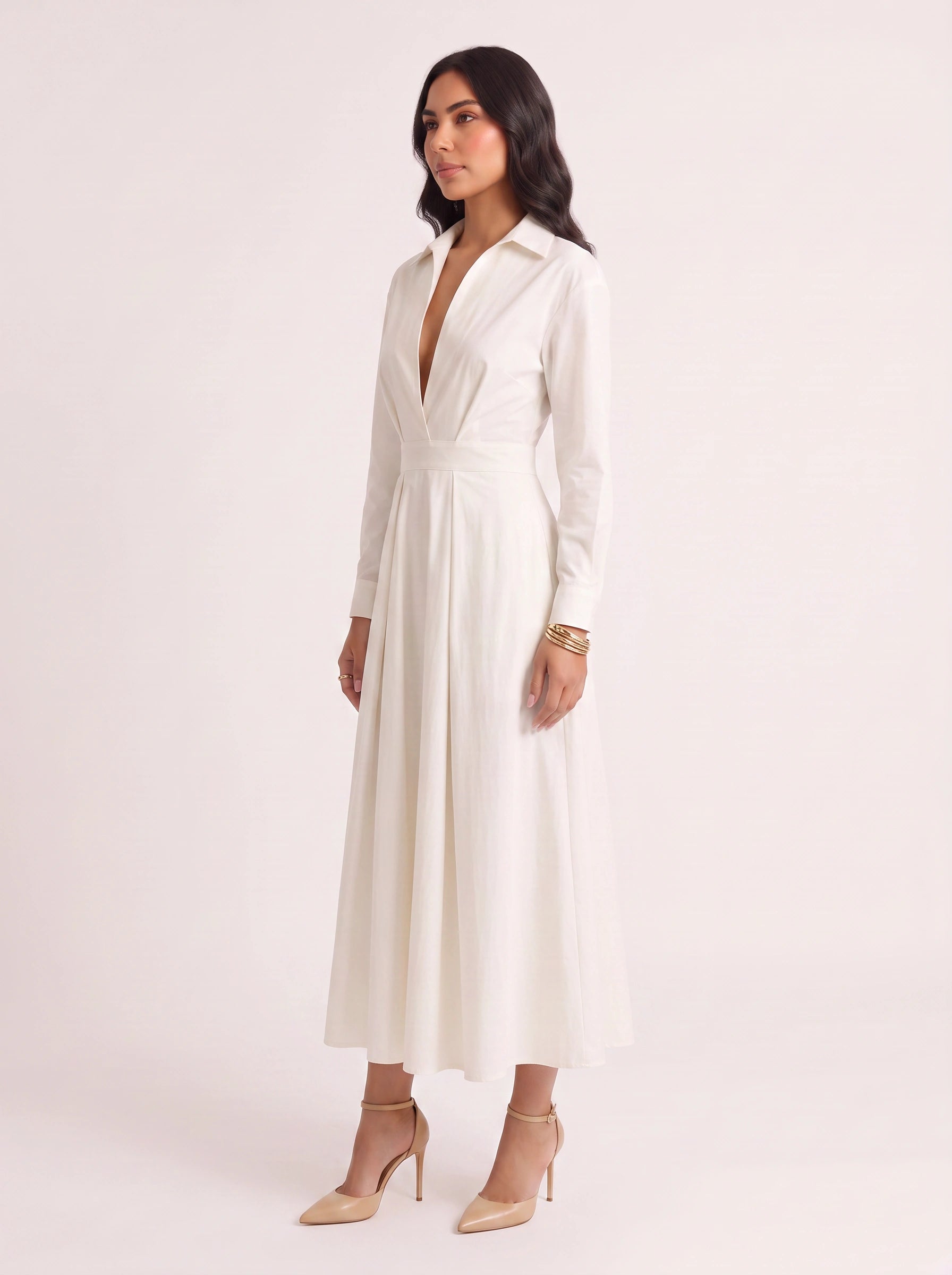 Ivolia Collared Shirt Midi Dress – Women Formal Wedding Guest Bridal Shower Elegant Office White Midi Dress