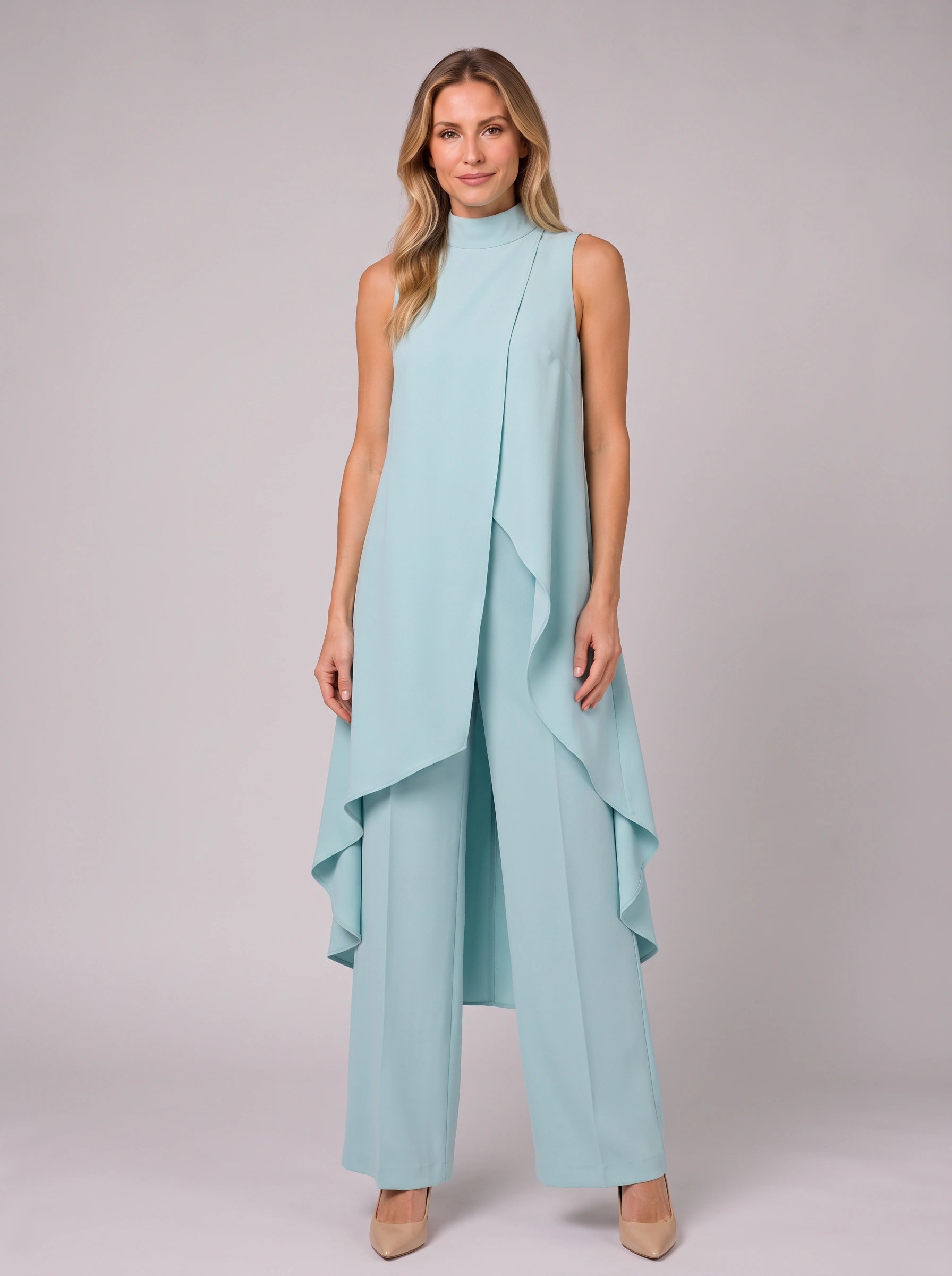 Ondula Turtleneck Wide-Leg Pants Set – Women Formal Two Piece Summer Wedding Guest Sleeveless Outfit