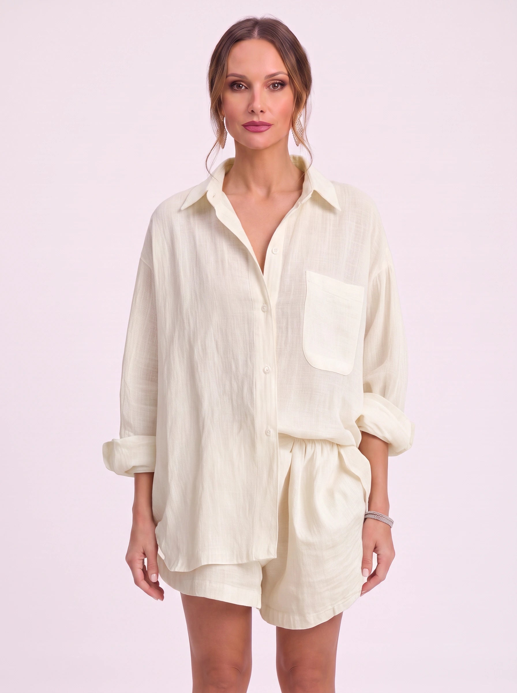 Cressa Linen Oversized Shirt Shorts Set – Women Summer Lounge Co-Ord Casual Vacation Resort Linen Set